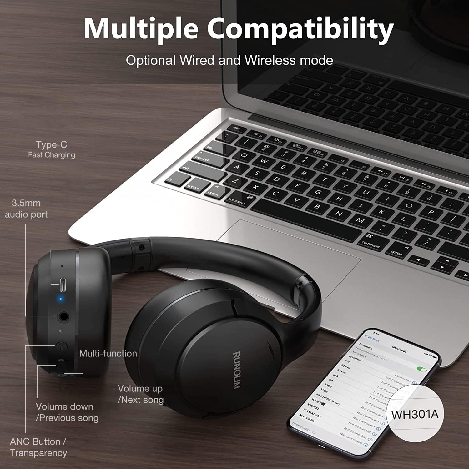 Wireless ANC Over Ear Headphones 70H Playtime Deep Bass Foldable