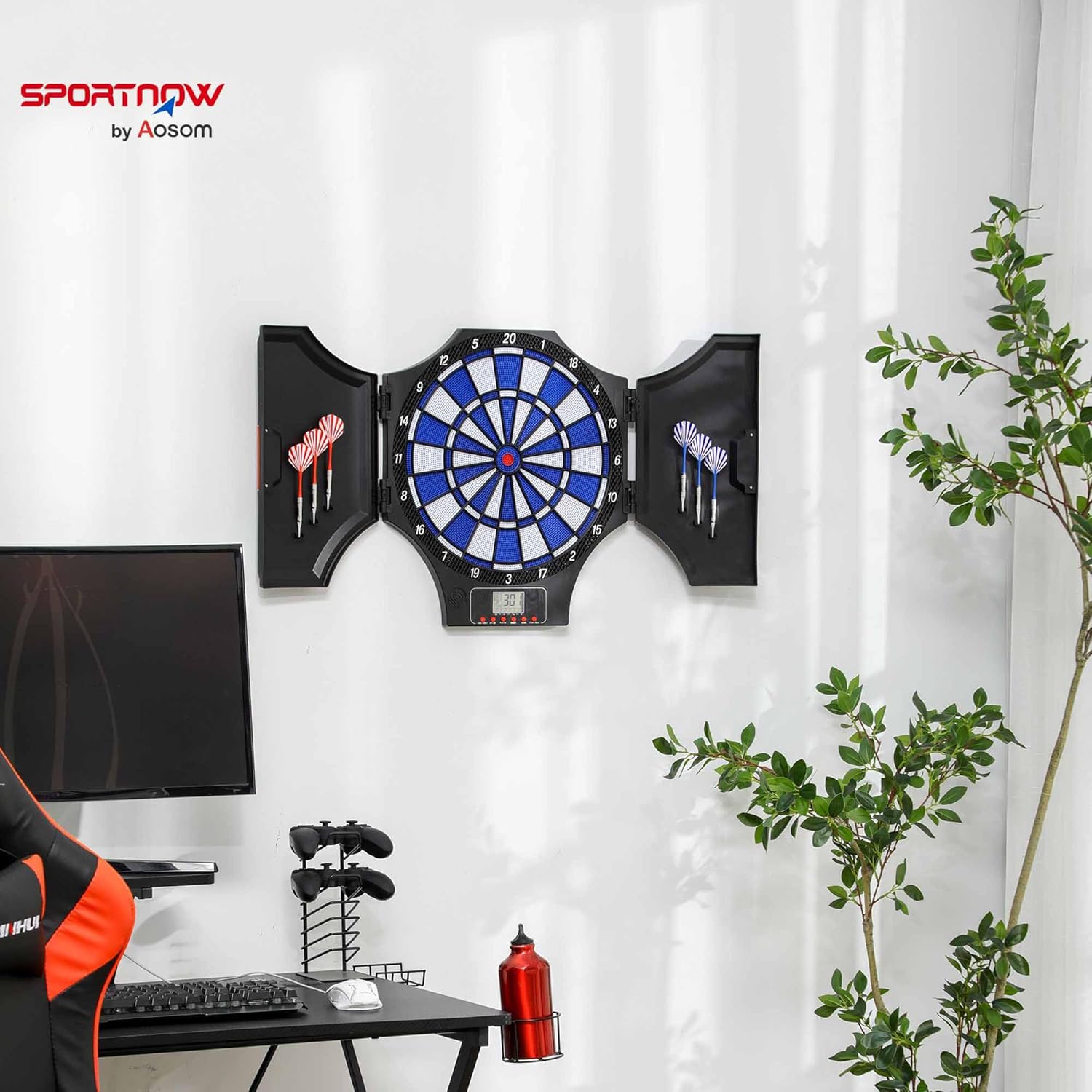 Electronic Dartboard Cabinet Set LCD Scoring 31 Games 6 Darts