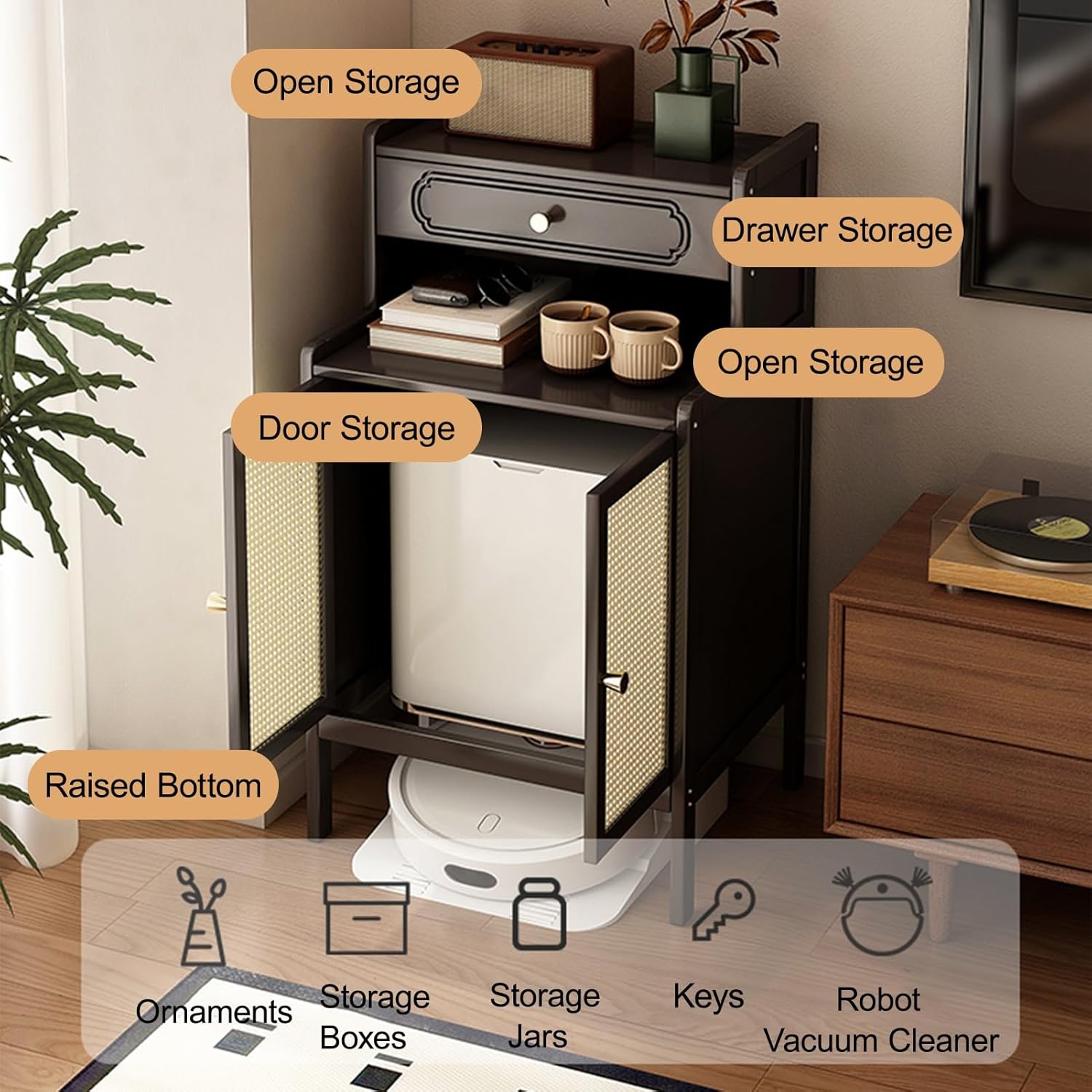 Robot Vacuum Storage Cabinet Rattan Door Side Table Drawer Shelf