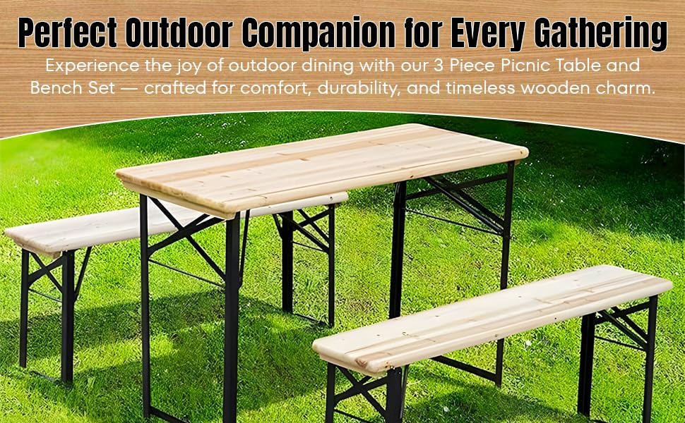 Folding Wooden Picnic Table & Bench Set Portable Beer Garden Set