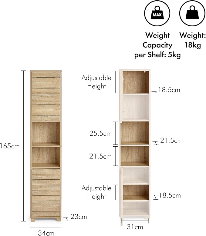 Tall Bathroom Cabinet Oak Effect Tallboy 2 Doors 7 Shelves Storage