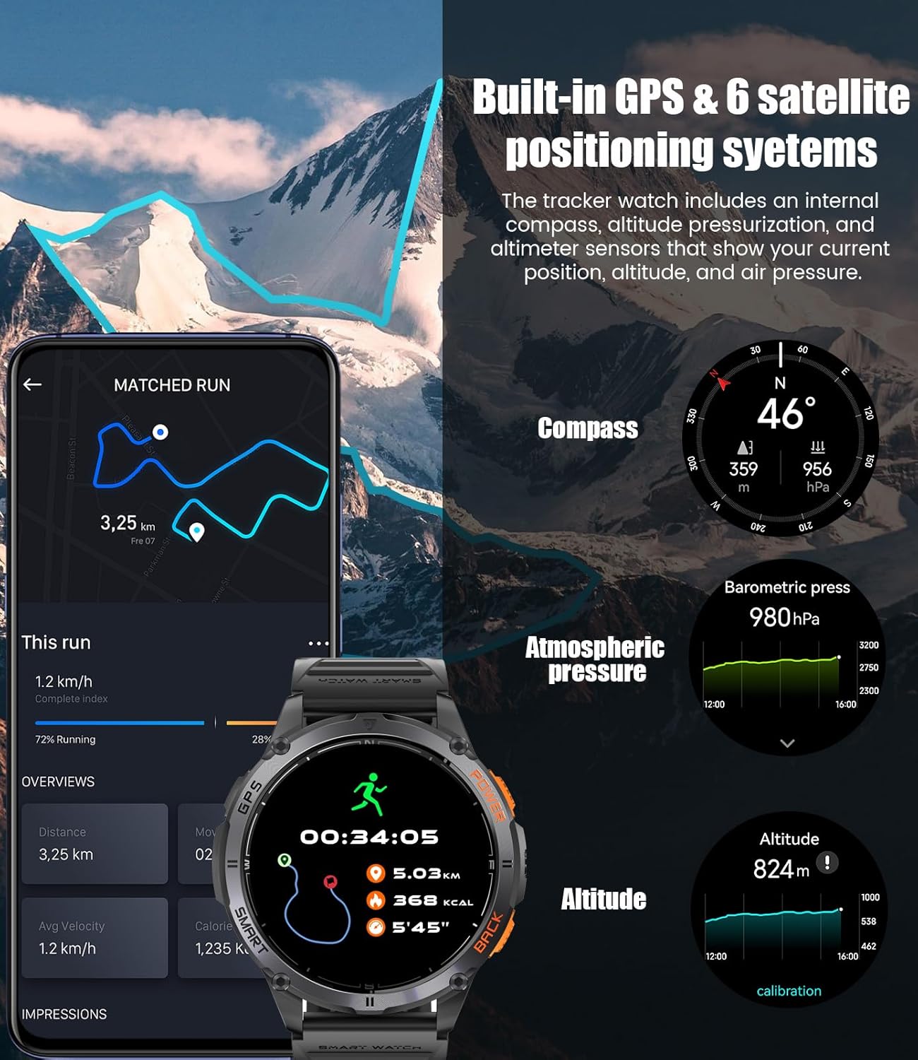 Military Smart Watch GPS AMOLED Bluetooth Call 170 Sport Modes