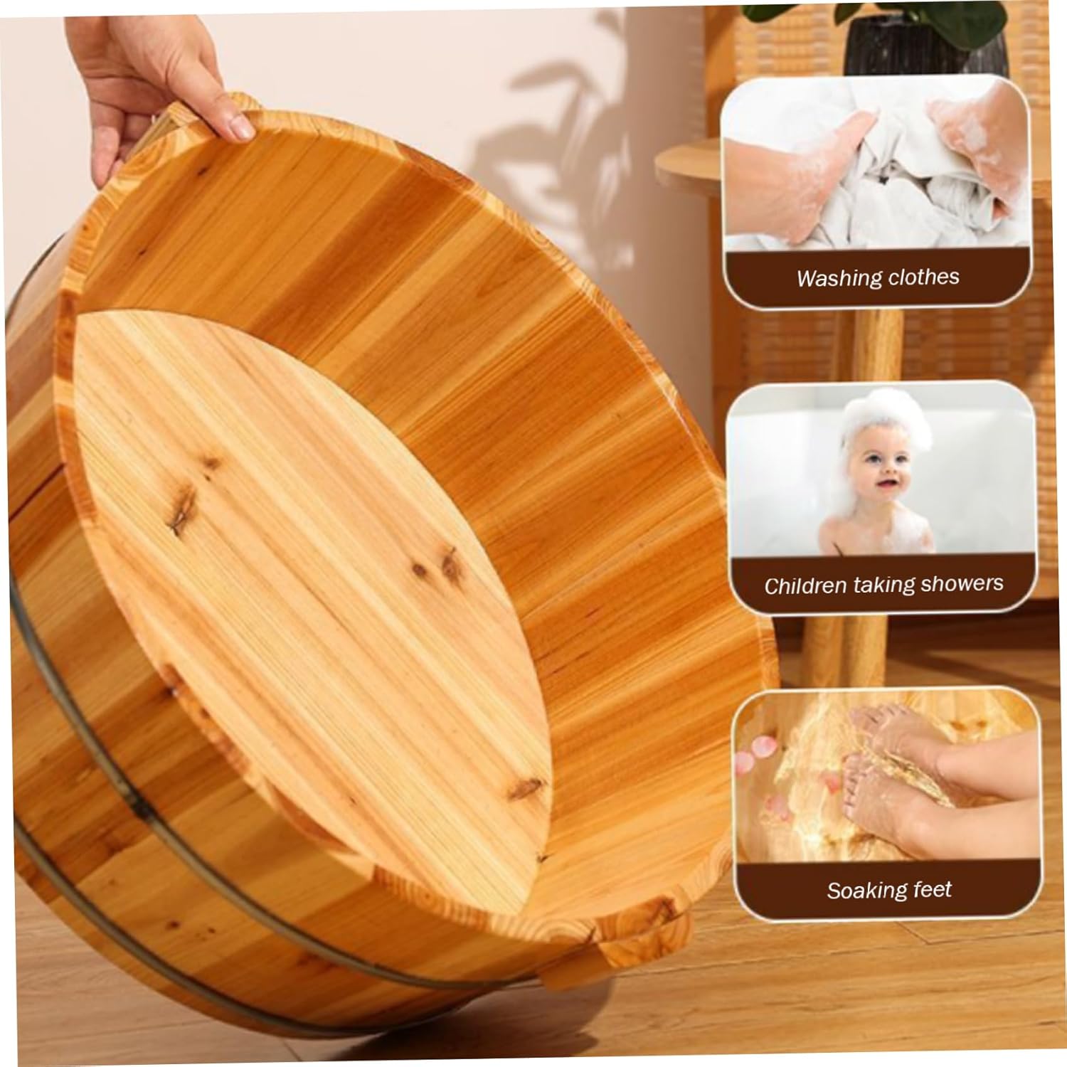 Wooden Foot Bath Basin Pedicure Spa Soak Tub Metal Handle