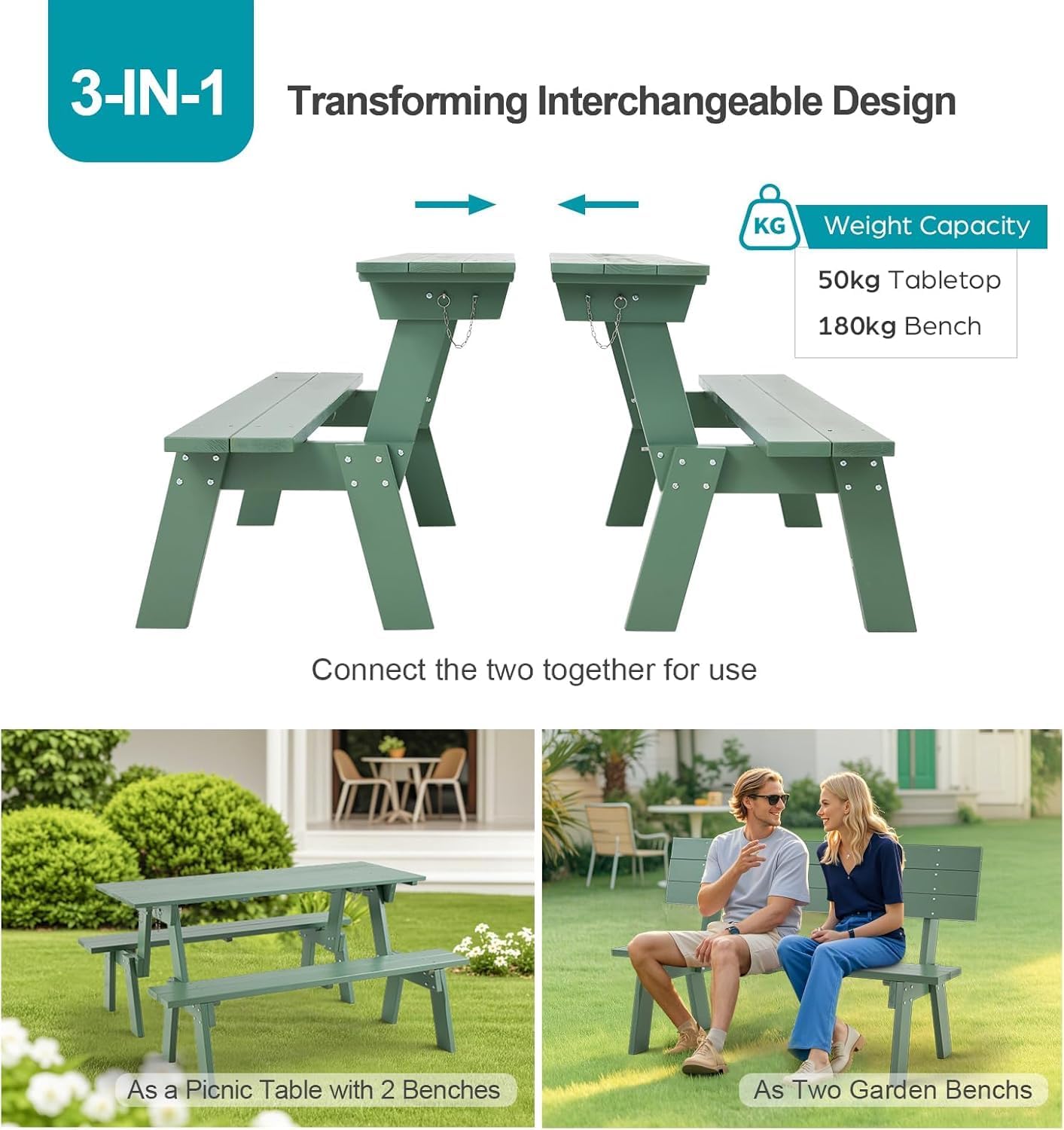 3 in 1 Wooden Picnic Table Bench Set Convertible Folding Garden