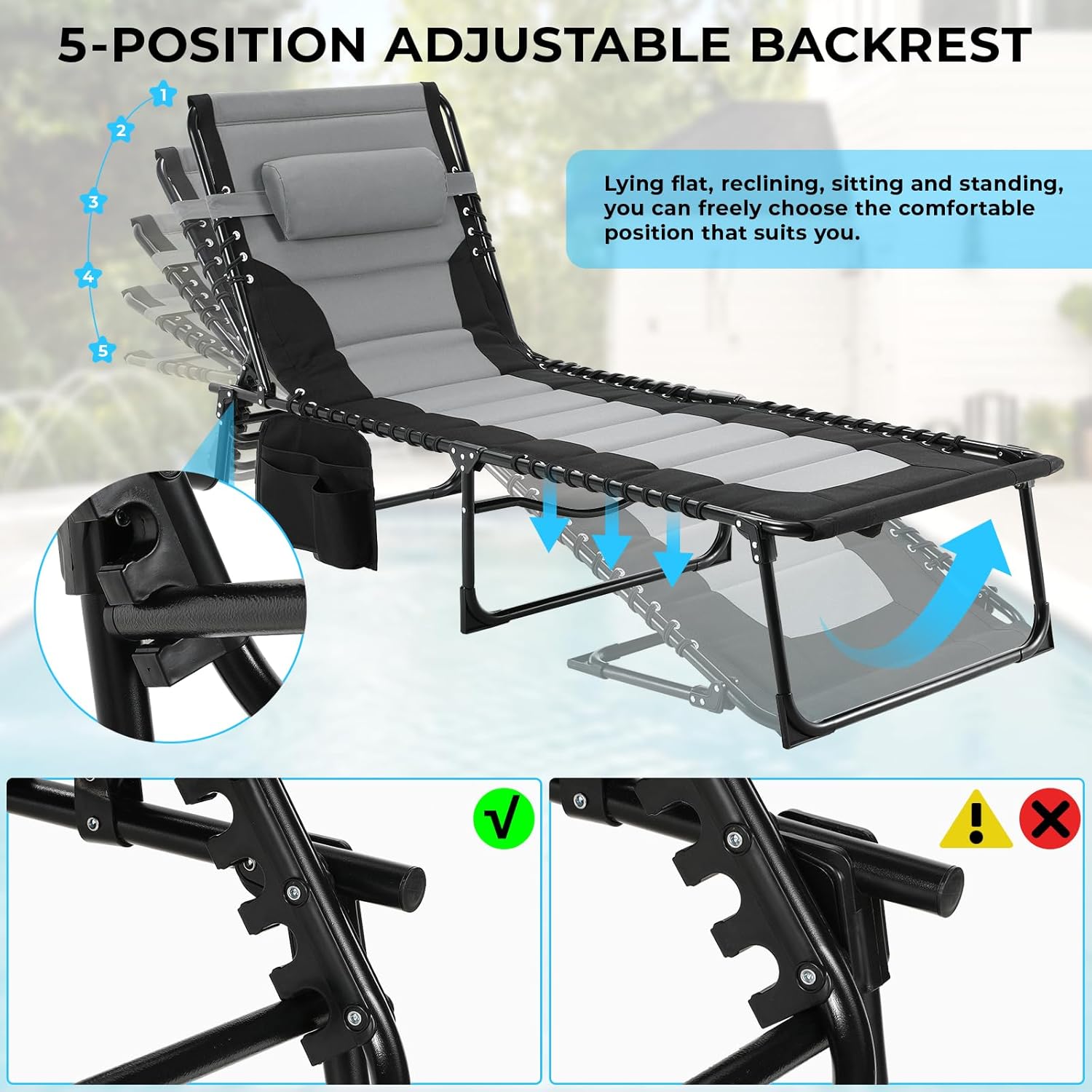 Set of 2 Oversized Folding Sun Loungers Dark Grey