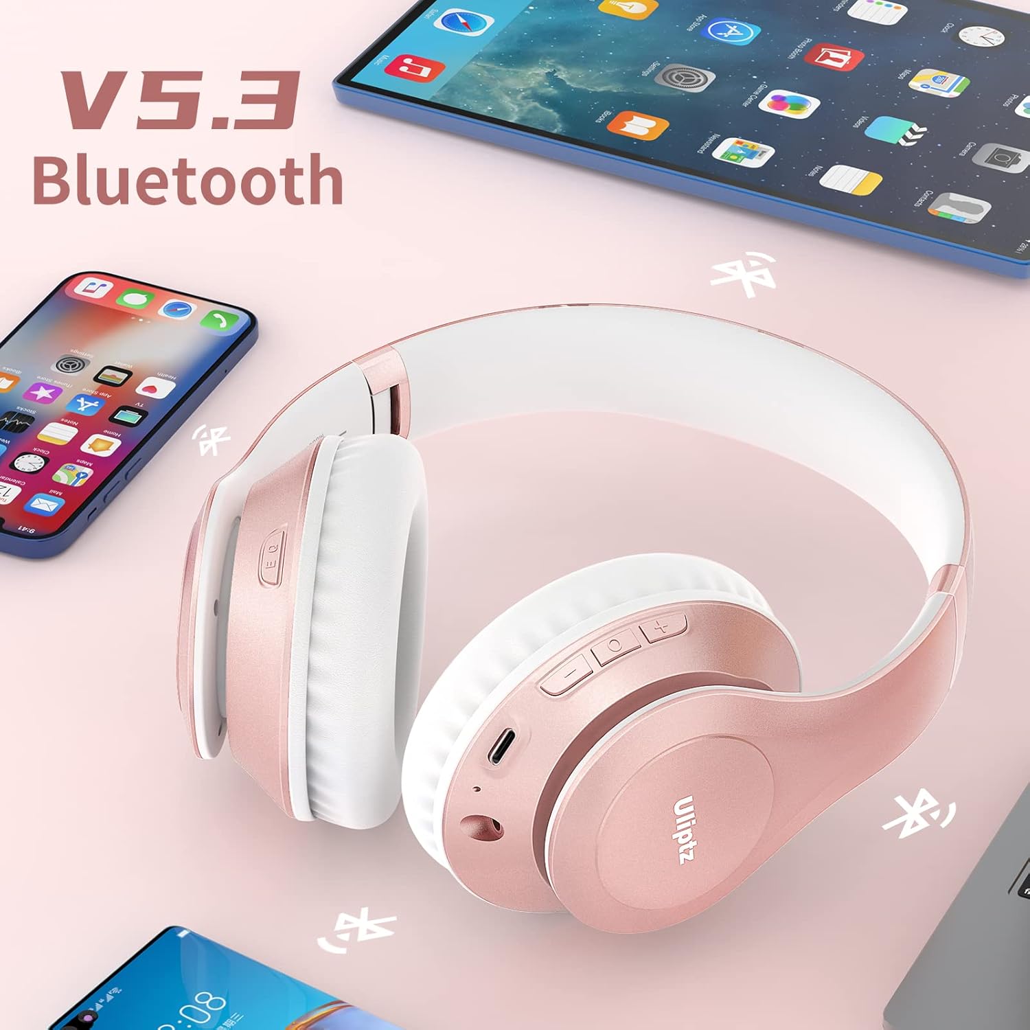 Wireless Bluetooth Over Ear Headphones 65Hr Battery 6 EQ Modes Rose Gold