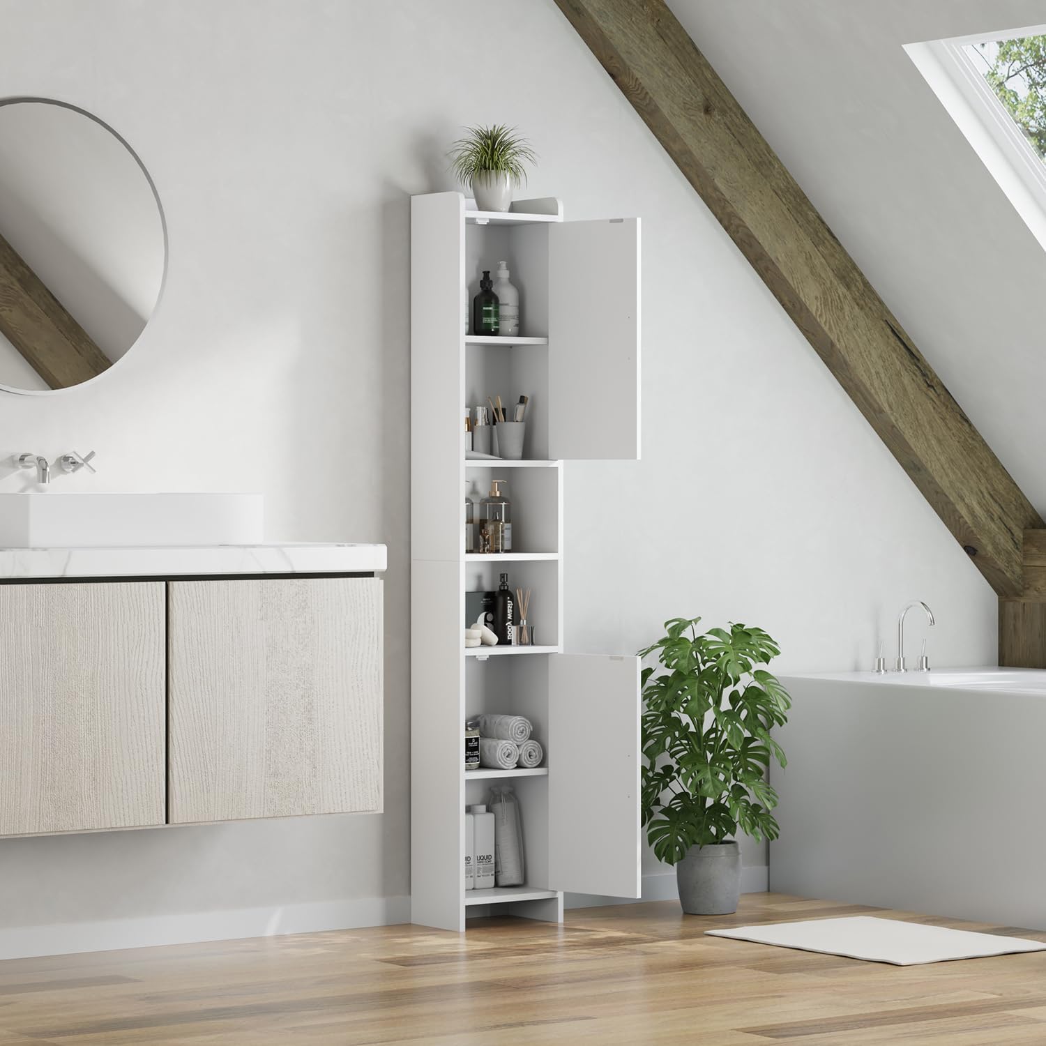 Tall Slim Bathroom Storage Cabinet 2 Doors Open Shelves White