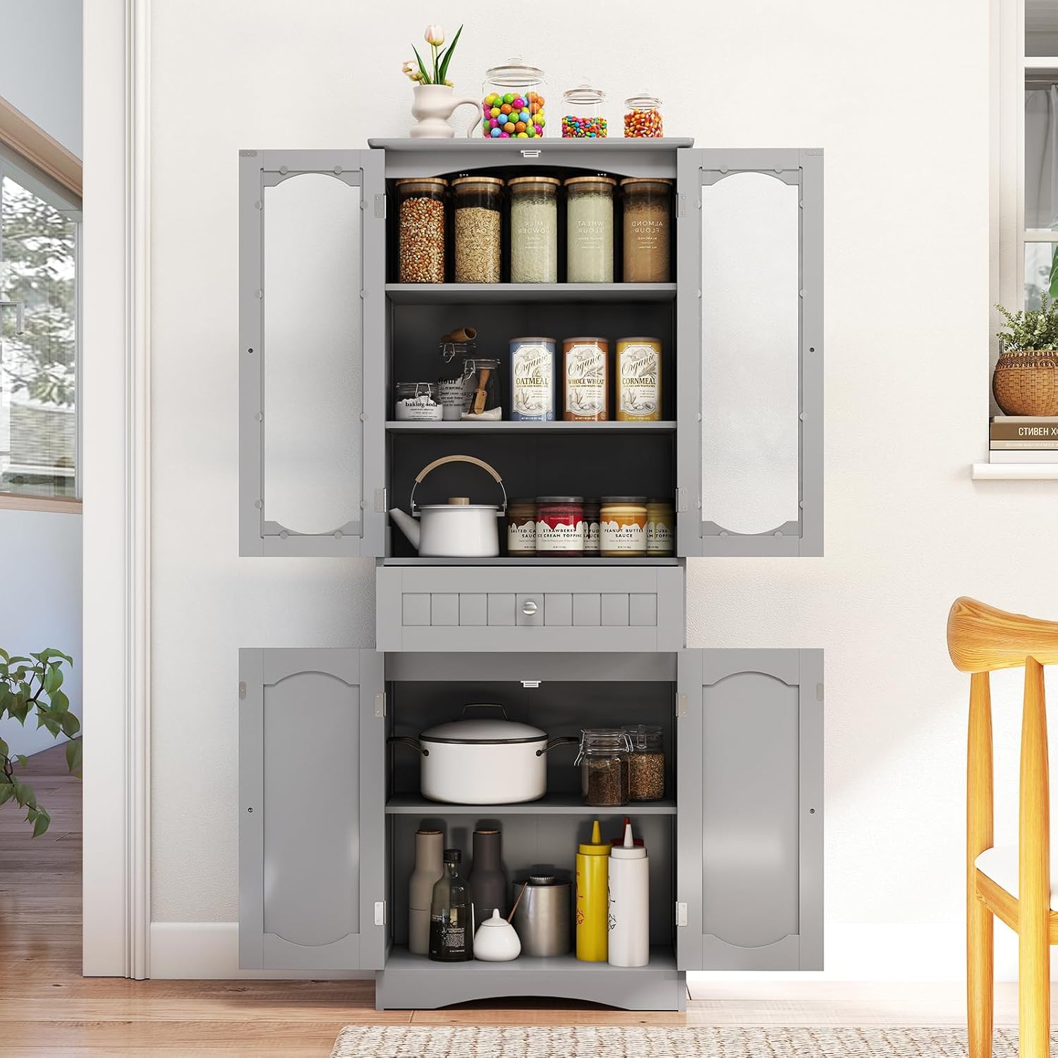 Tall Bathroom Cabinet Glass Door Drawer Shelf Unit Grey