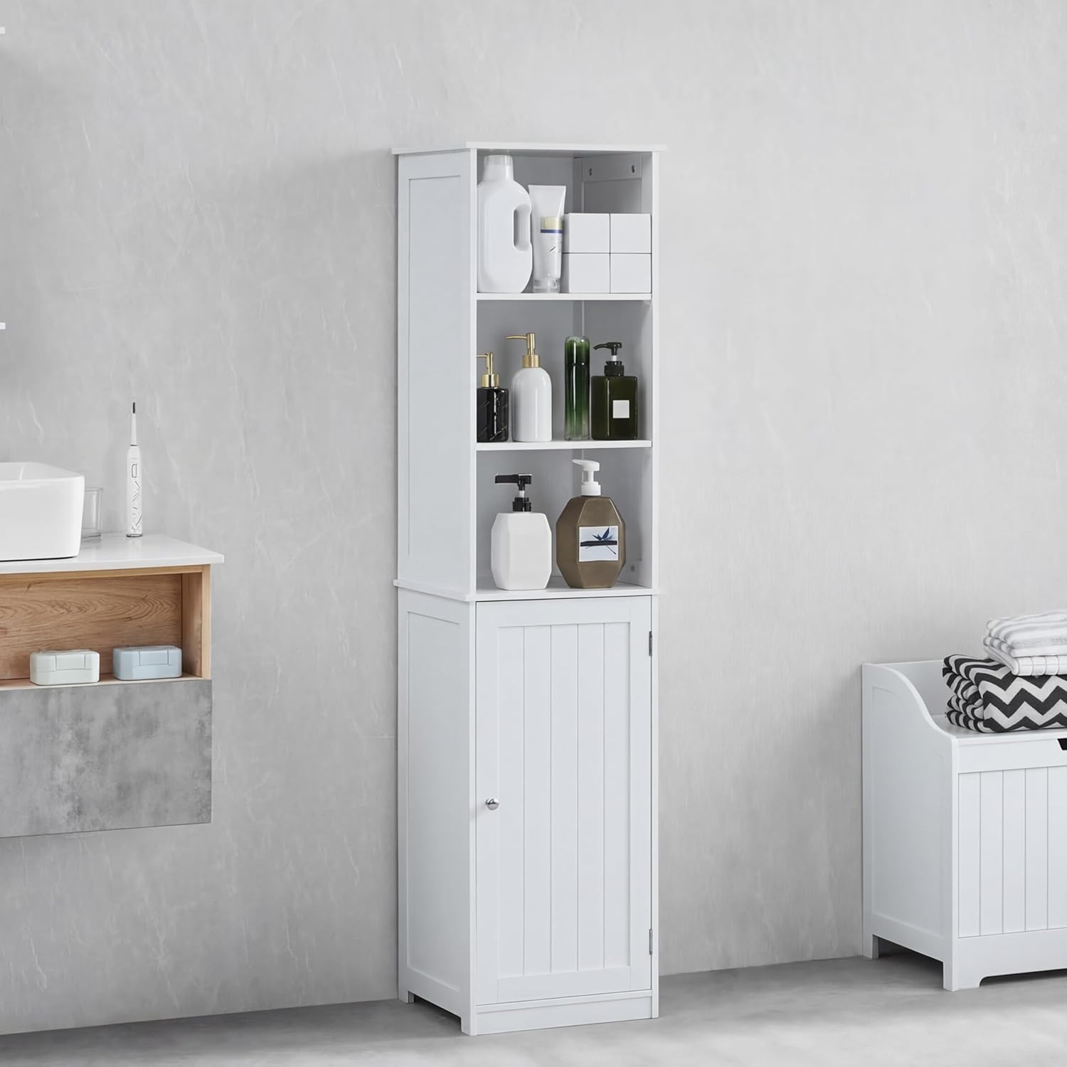 White Tall Bathroom Cabinet Floor Standing Storage Unit Mirror