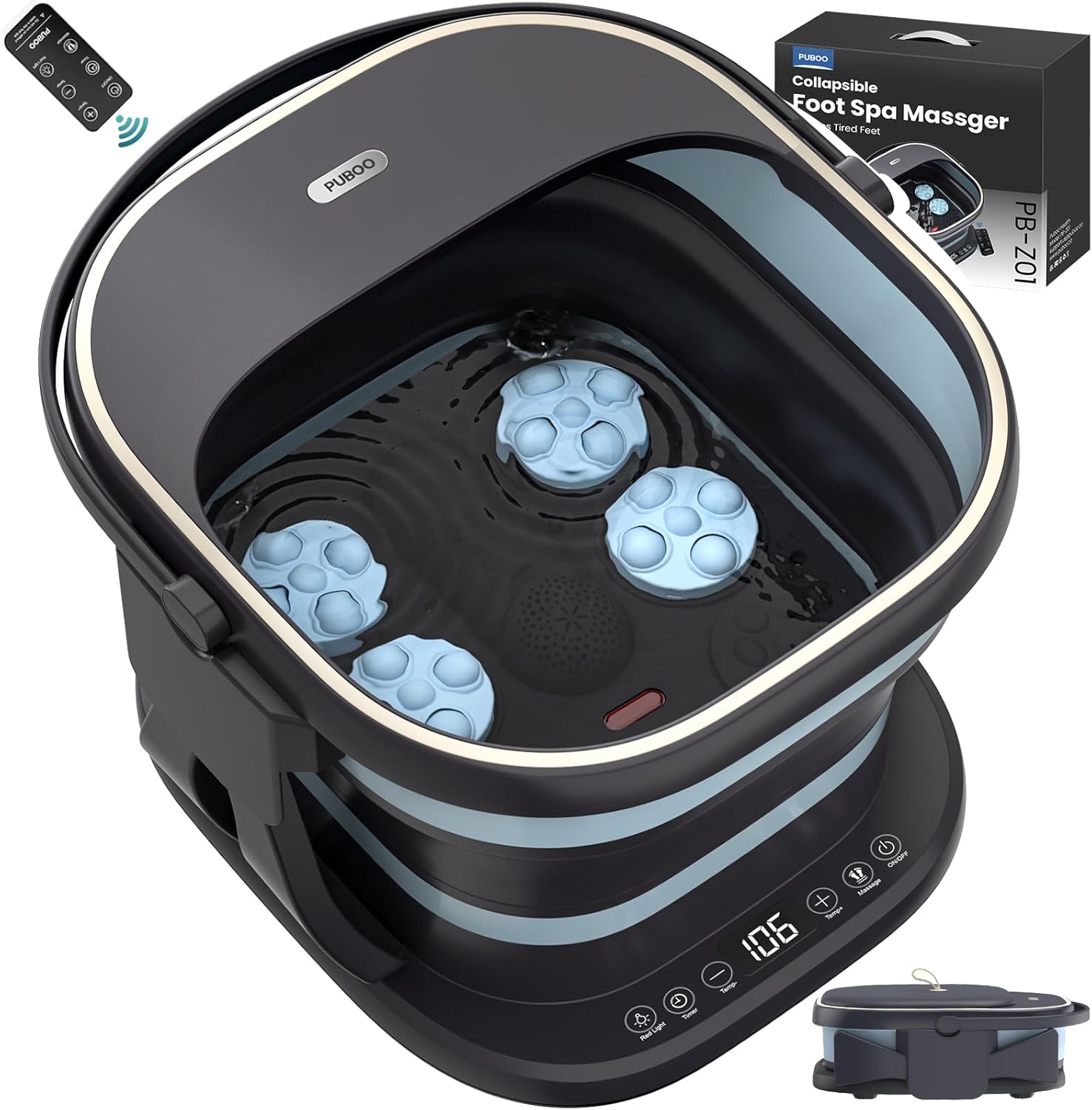 Foldable Foot Spa Bath Heat Massage Balls Remote LED Pedicure