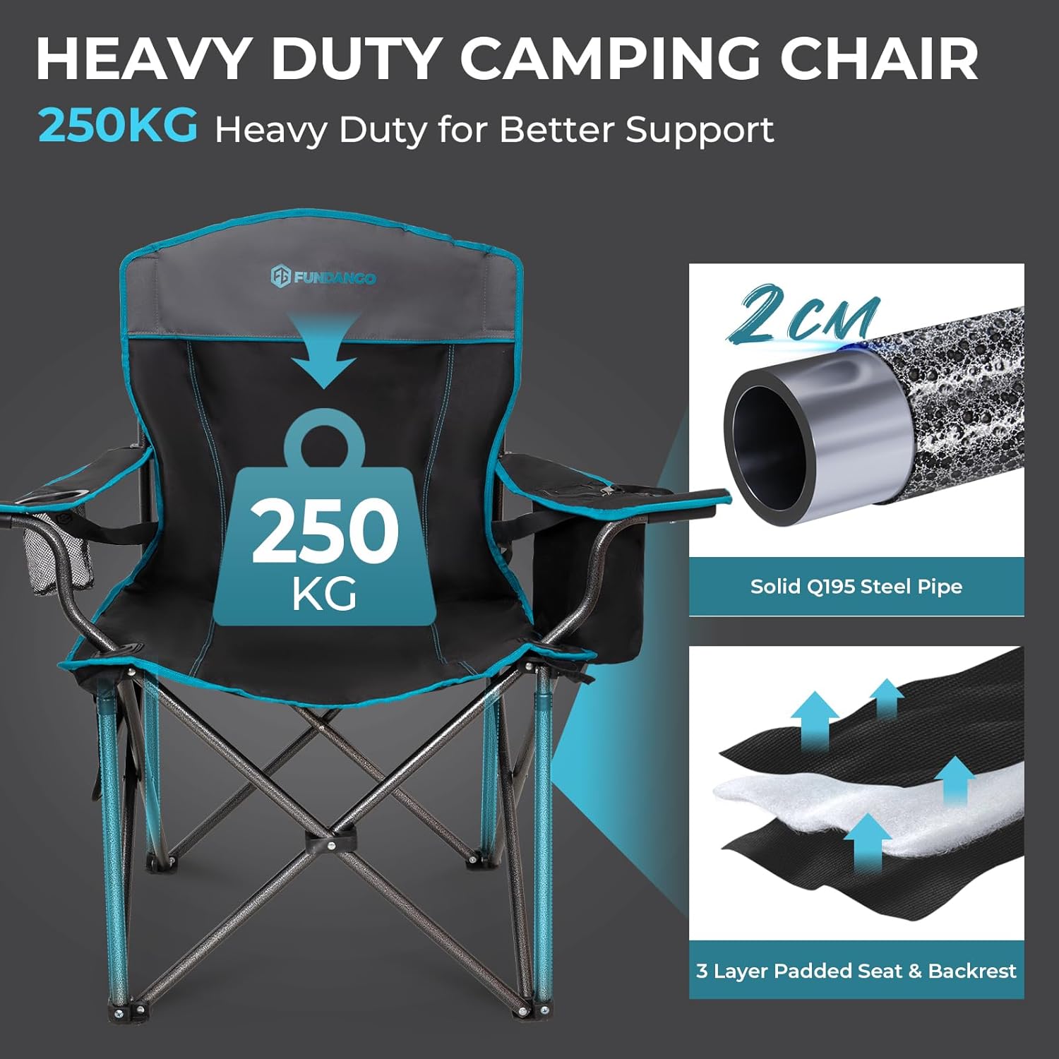 Oversized Camping Chair 550LB with Cooler Pocket Black Grey