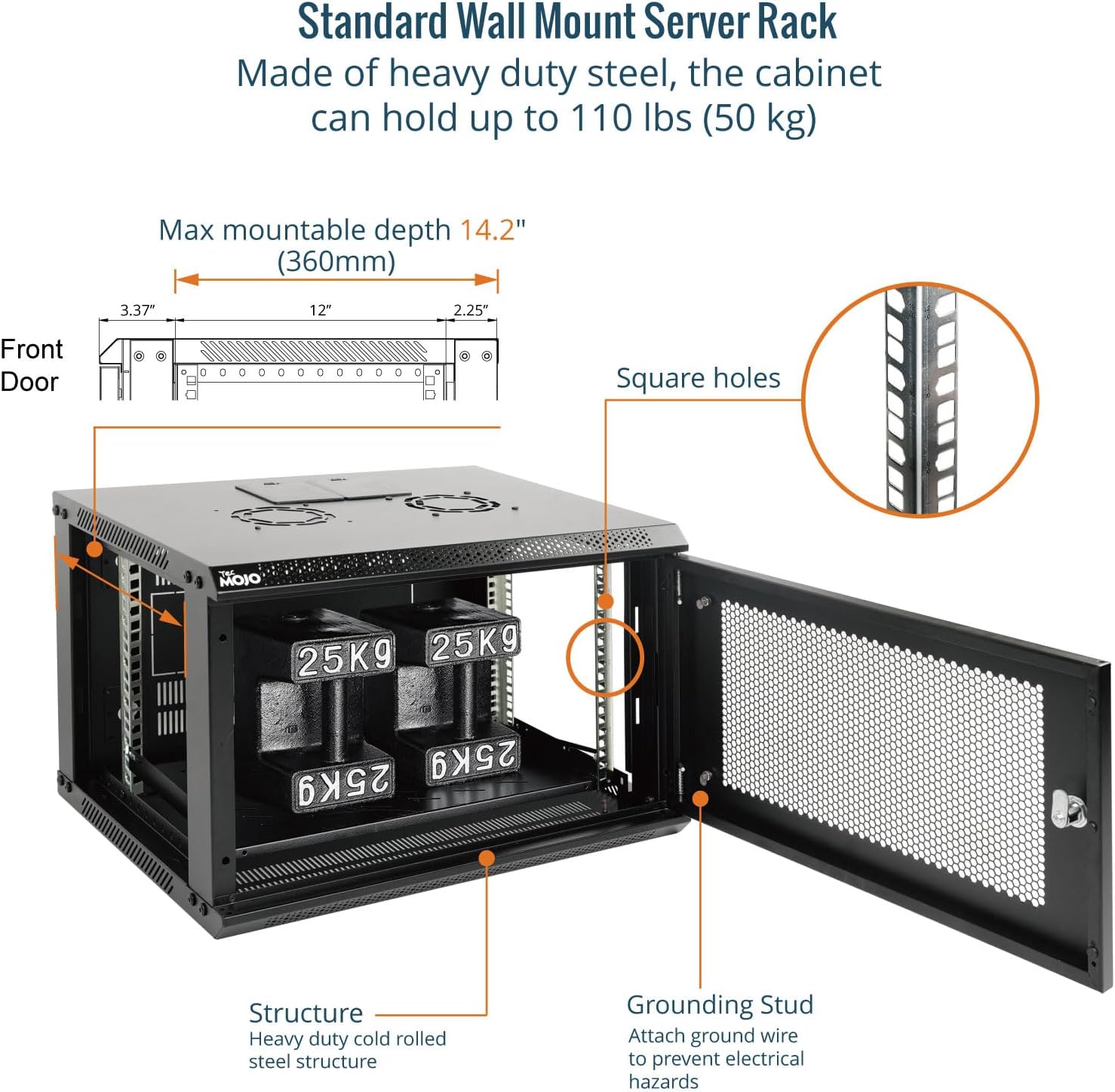 6U Wall Mount Server Cabinet 450mm Mesh Door Black