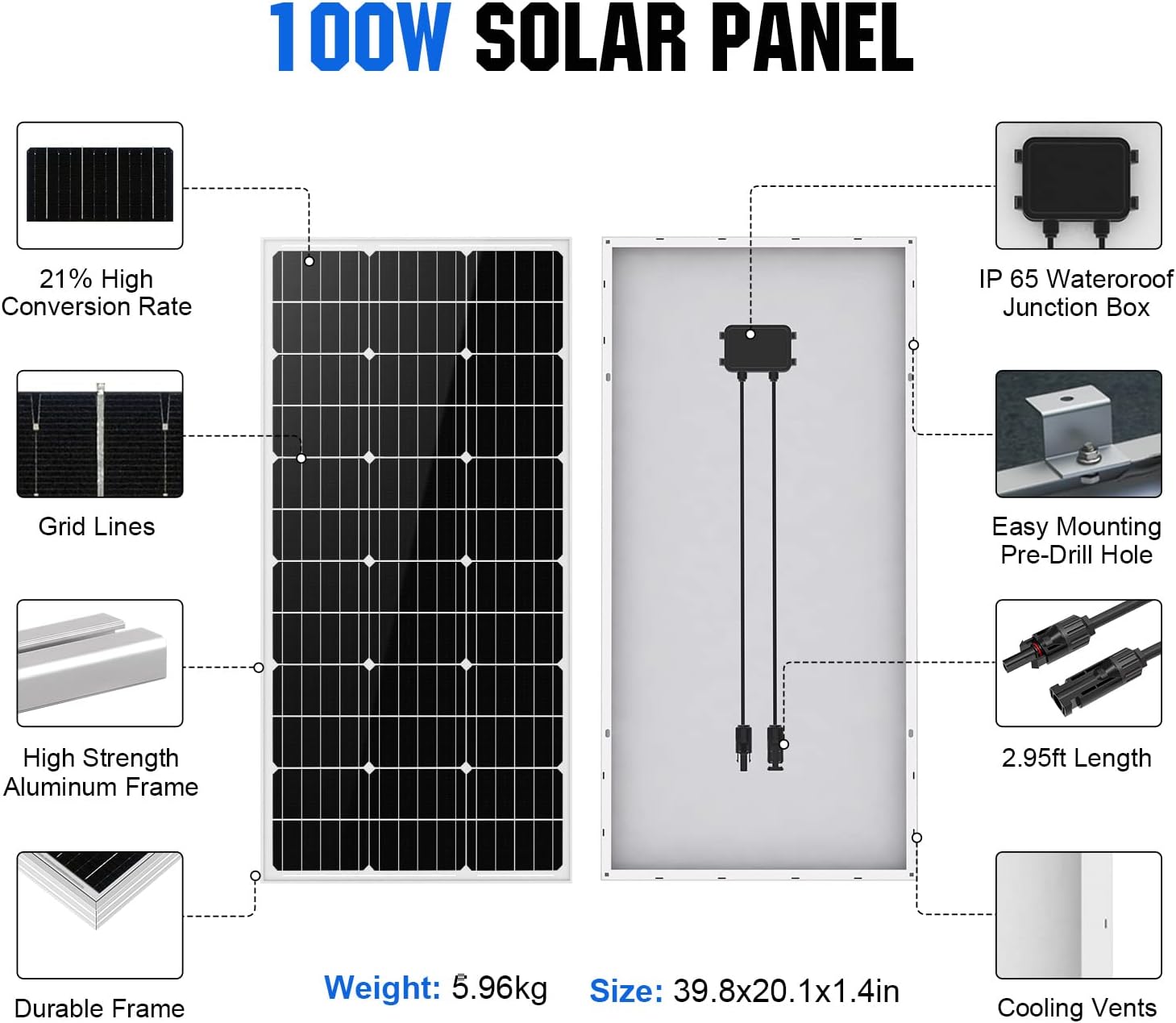 100W 12V Solar Panel Kit 21 Percent Mono Controller RV Off Grid