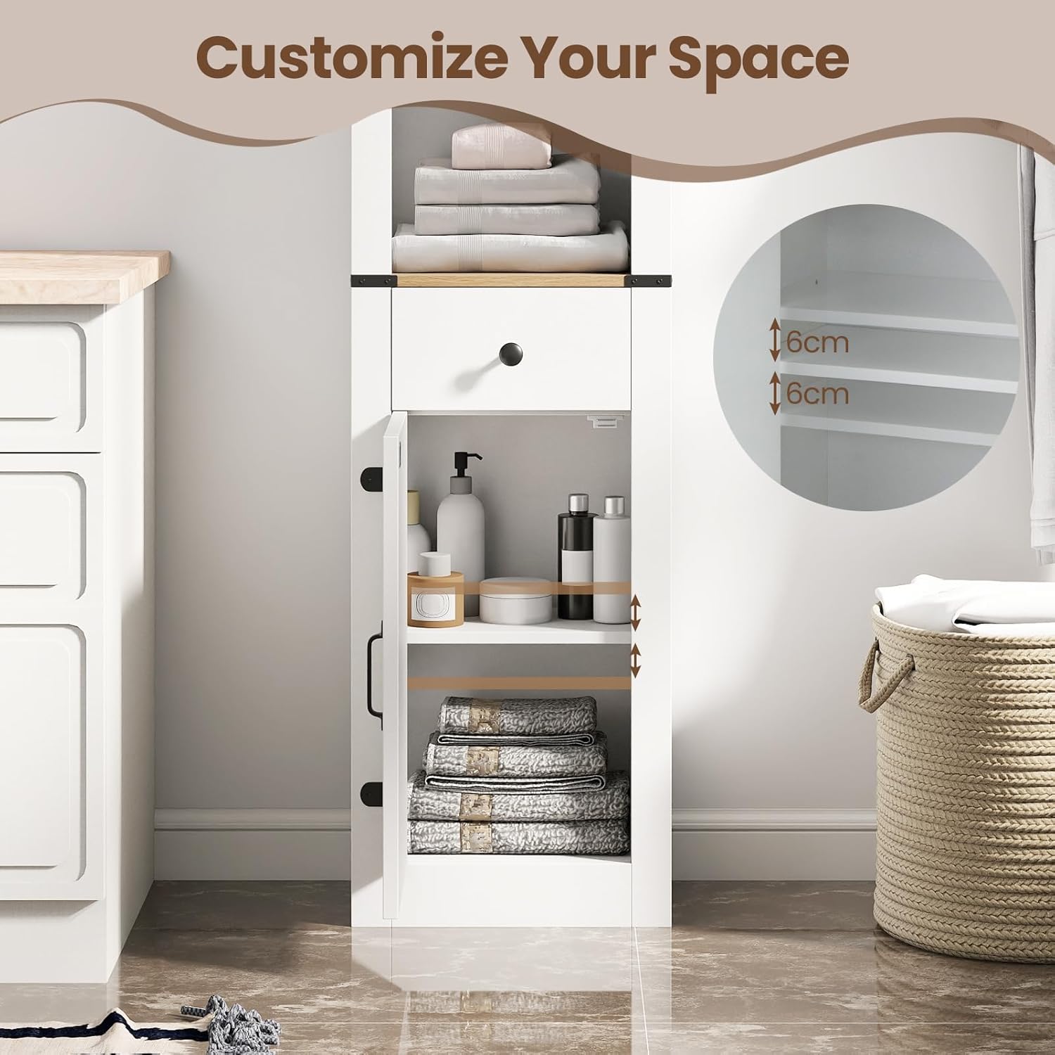 Farmhouse Tall Bathroom Cabinet Drawer Shelf Unit White Brown