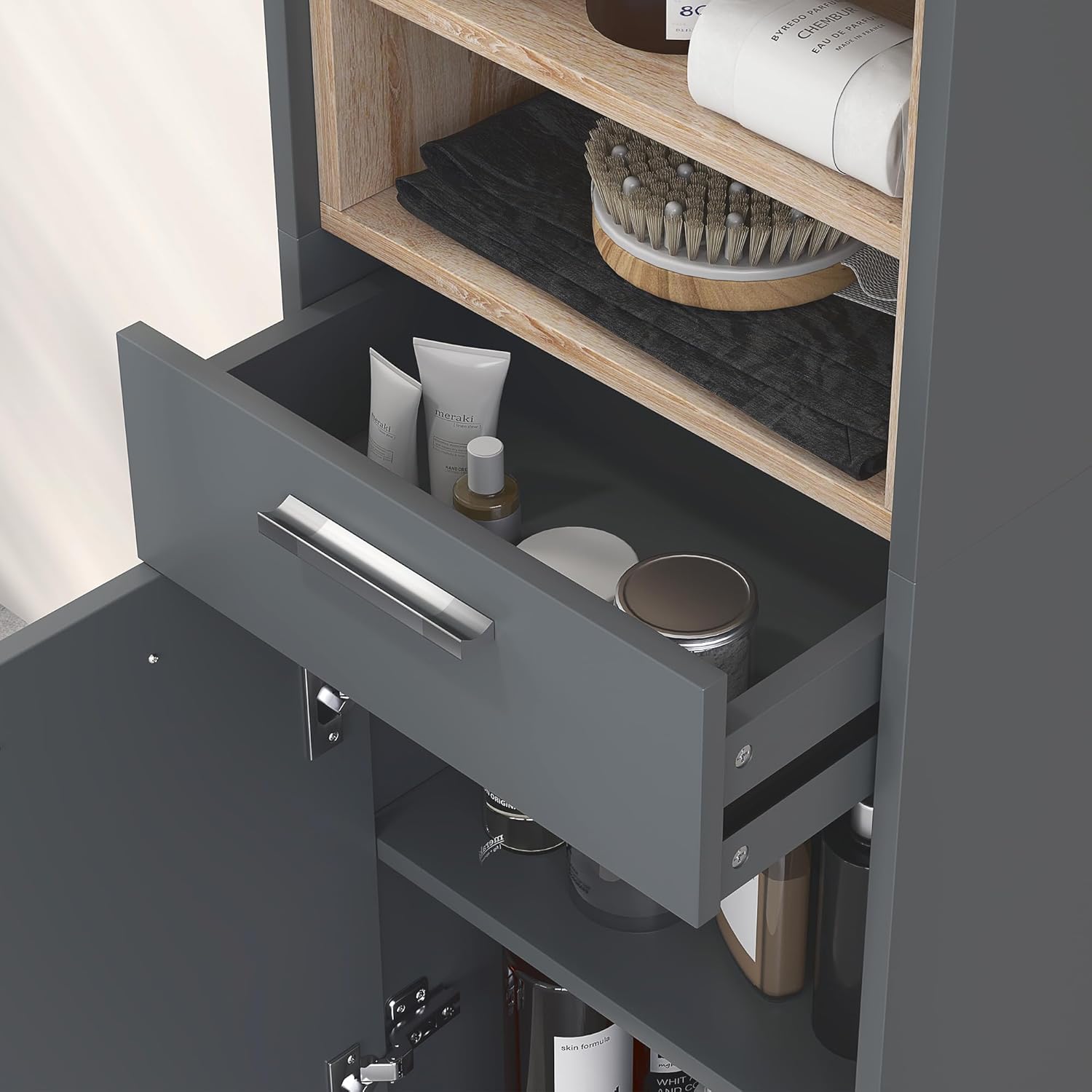 Tall Bathroom Storage Cabinet Grey Freestanding Shelves Drawer Unit