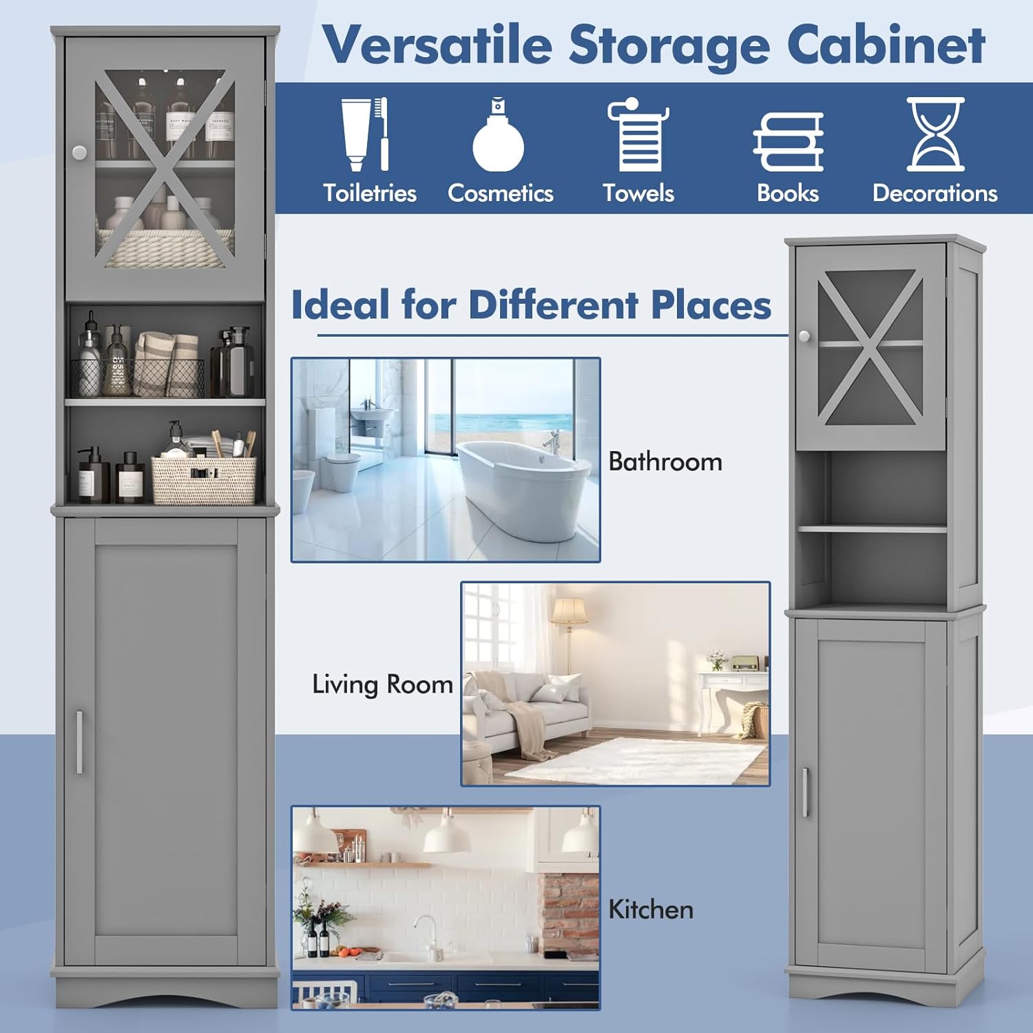 Grey Tall Bathroom Cabinet Slim Storage Unit 2 Door Shelves