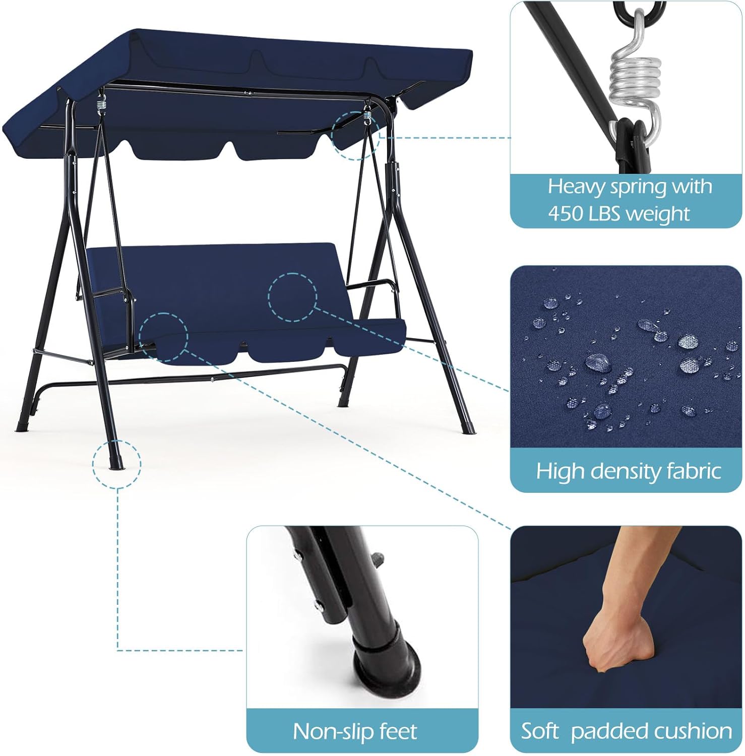 Blue 3 Seater Garden Swing Chair with Canopy