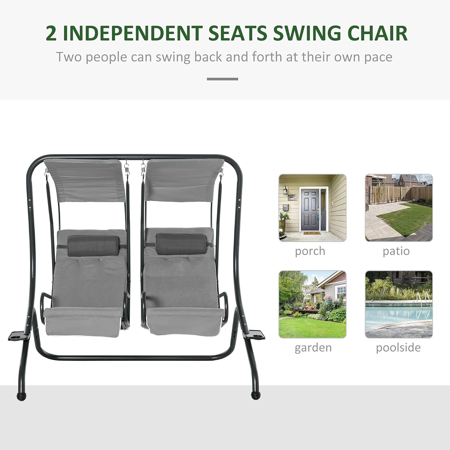 2 Seater Canopy Swing Chair with Cup Holders Grey