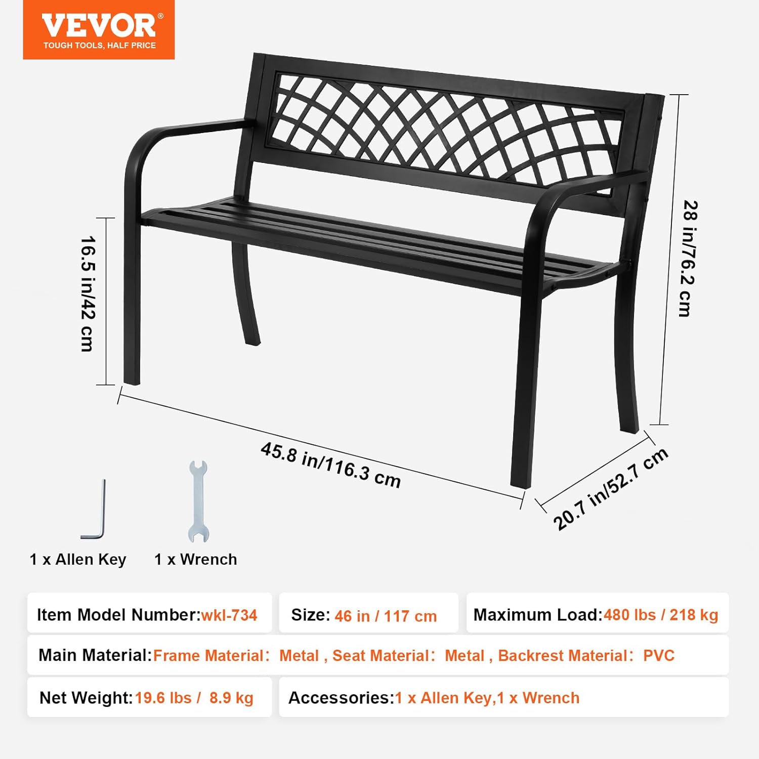 Metal Garden Bench 3 Seater Outdoor Patio Park Seat Black