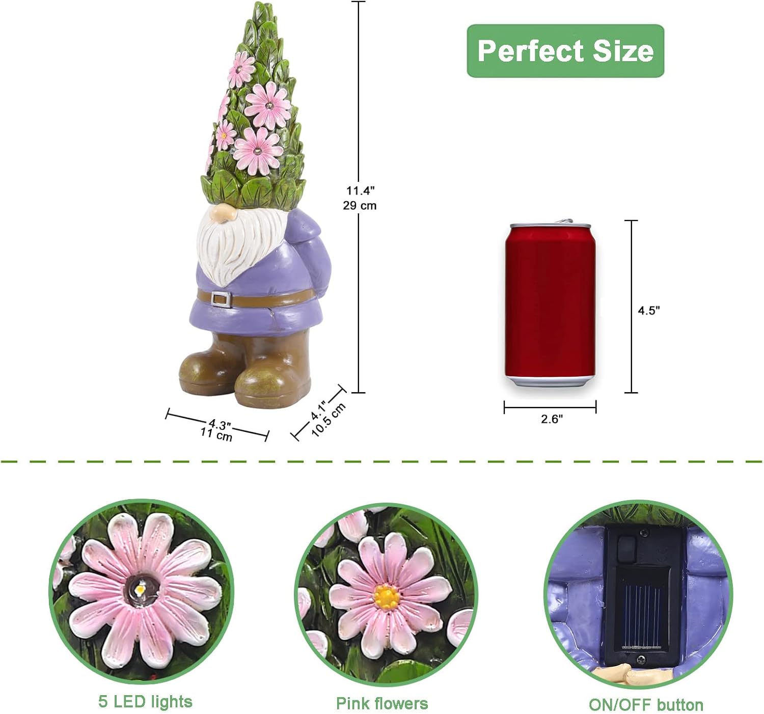 Solar Garden Gnome Statue LED Flower Lights Outdoor Patio Decor