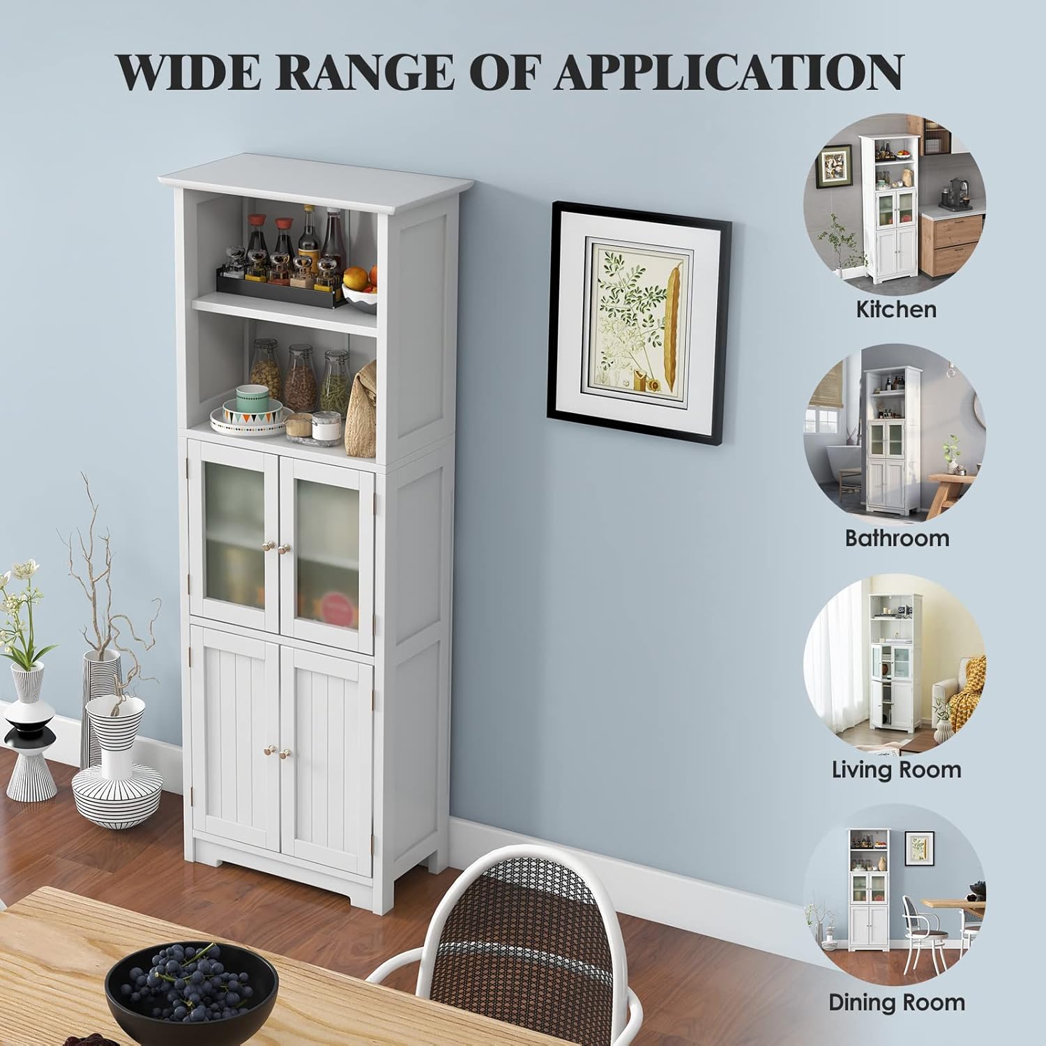 Tall Storage Cabinet Glass Door Shelf Unit White