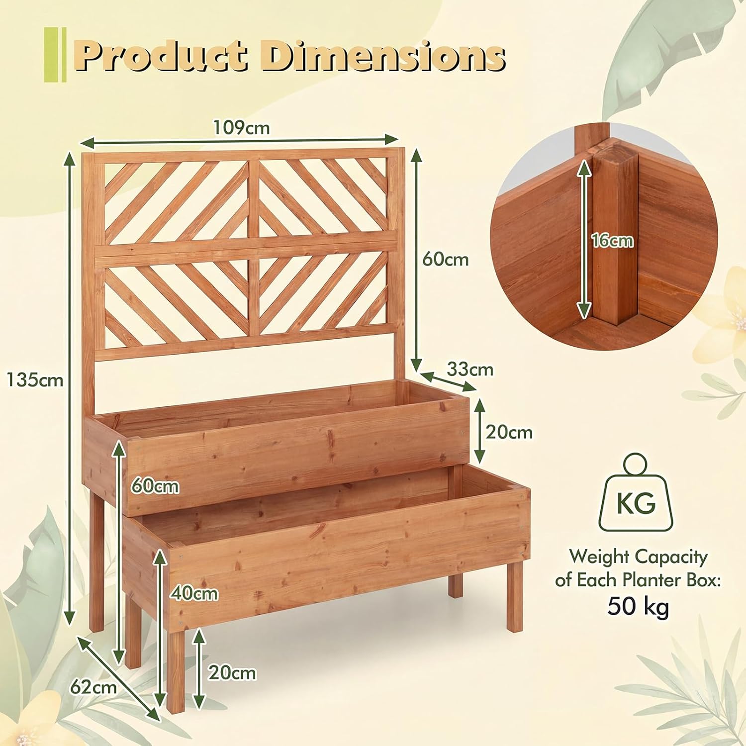 Wooden Raised Garden Planter with Trellis 2 Tier Plant Bed 135cm