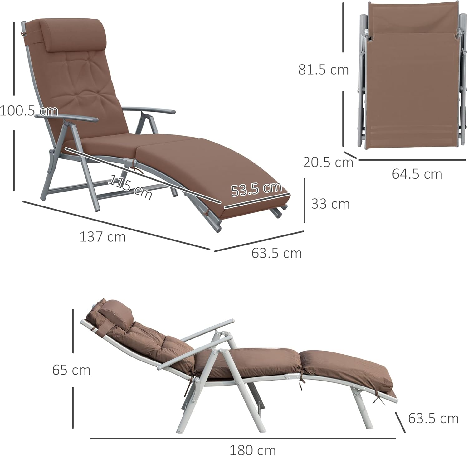 7 Level Folding Sun Lounger Recliner with Headrest Brown