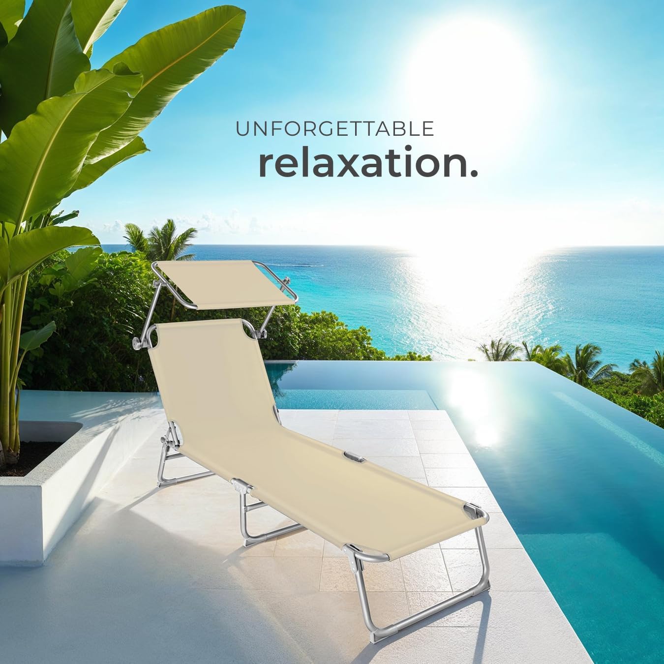 Folding Sun Lounger with Canopy Adjustable Backrest Beige