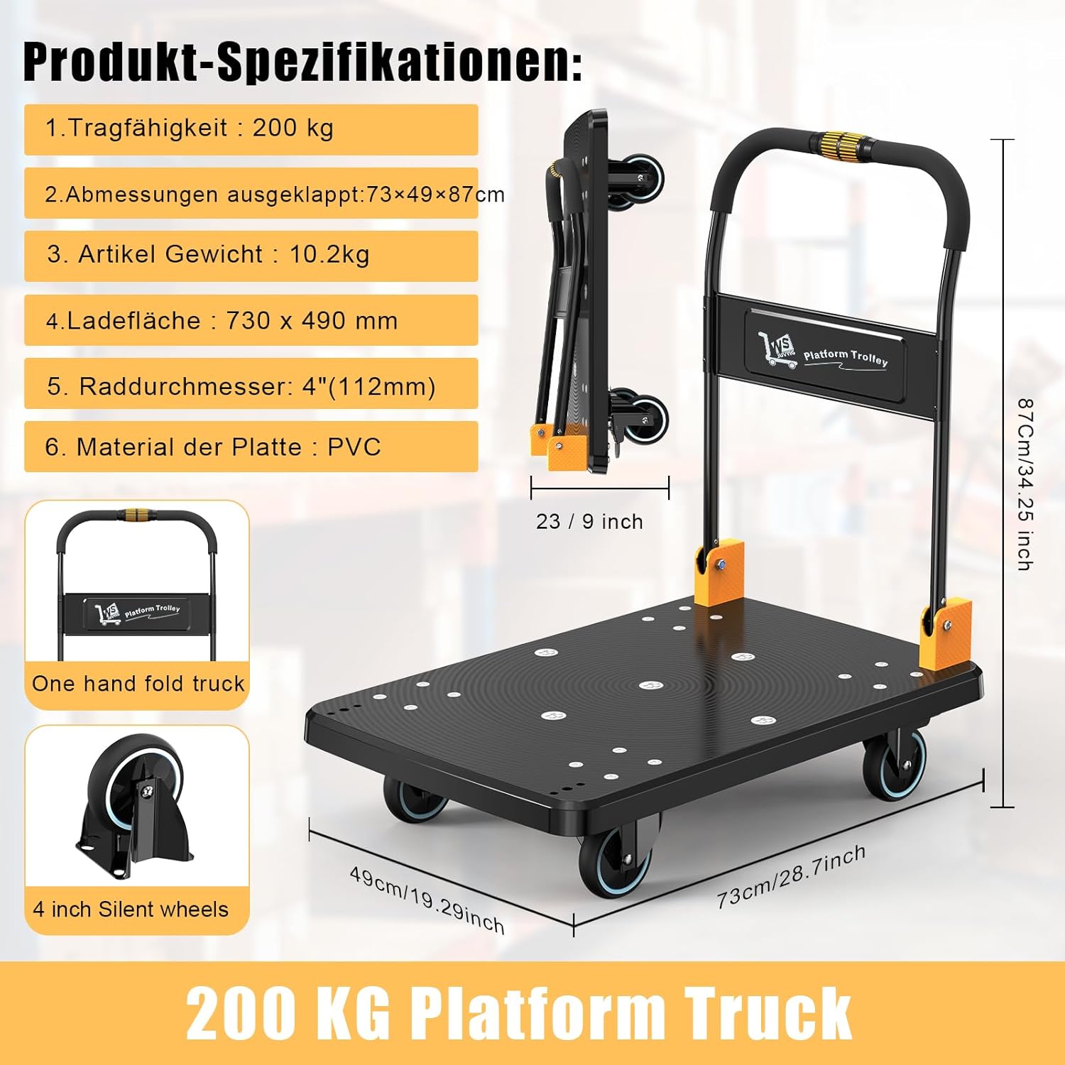250KG One Hand Folding Platform Trolley Silent Wheels