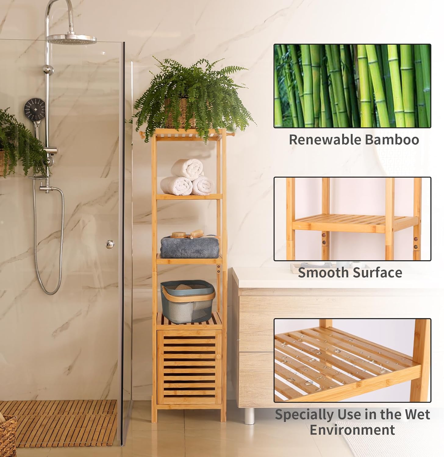 Tall Bamboo Bathroom Storage Cabinet Natural Shelf Unit