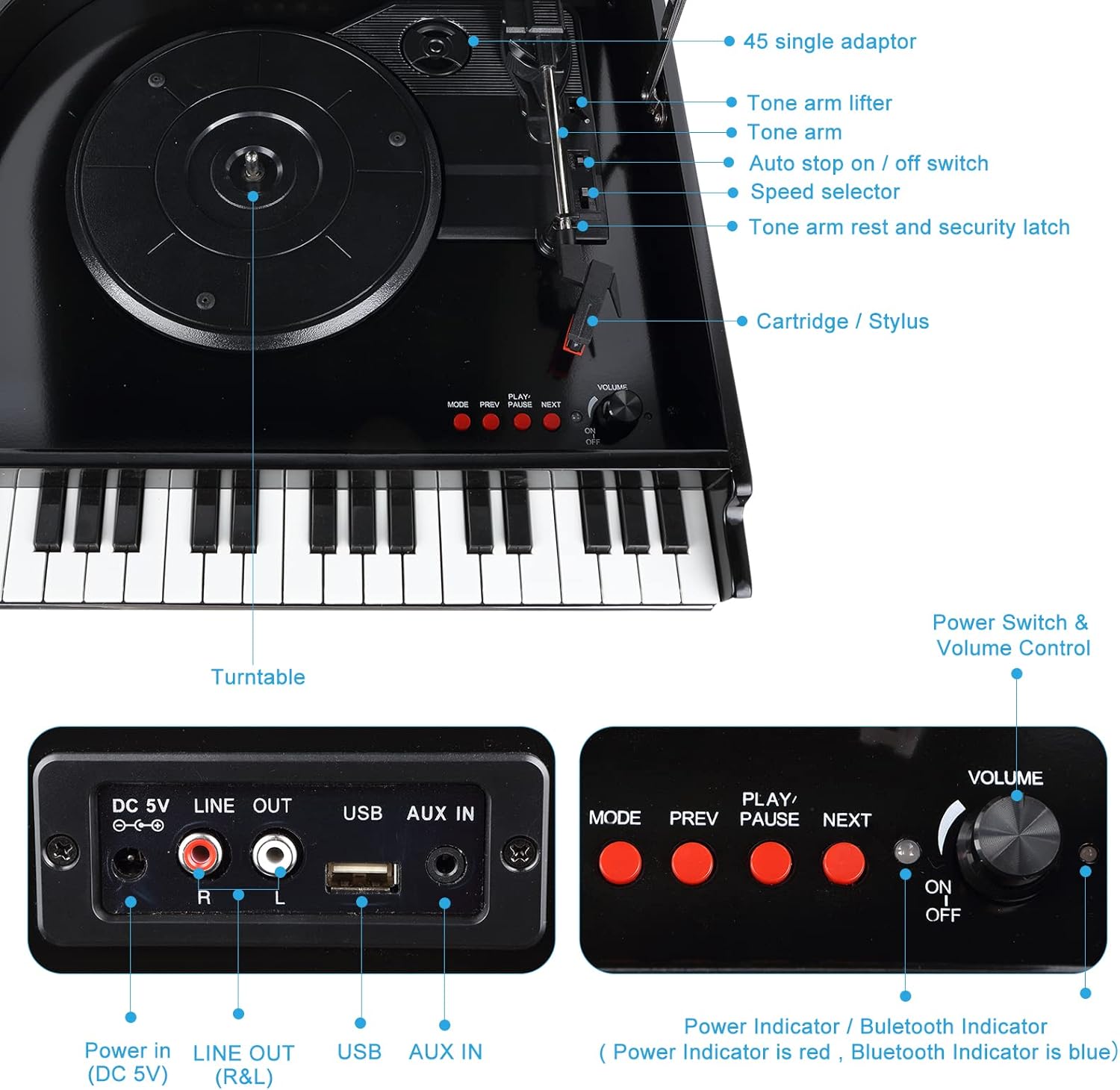 Bluetooth Record Player 3 Speed USB Recording Built In Speakers