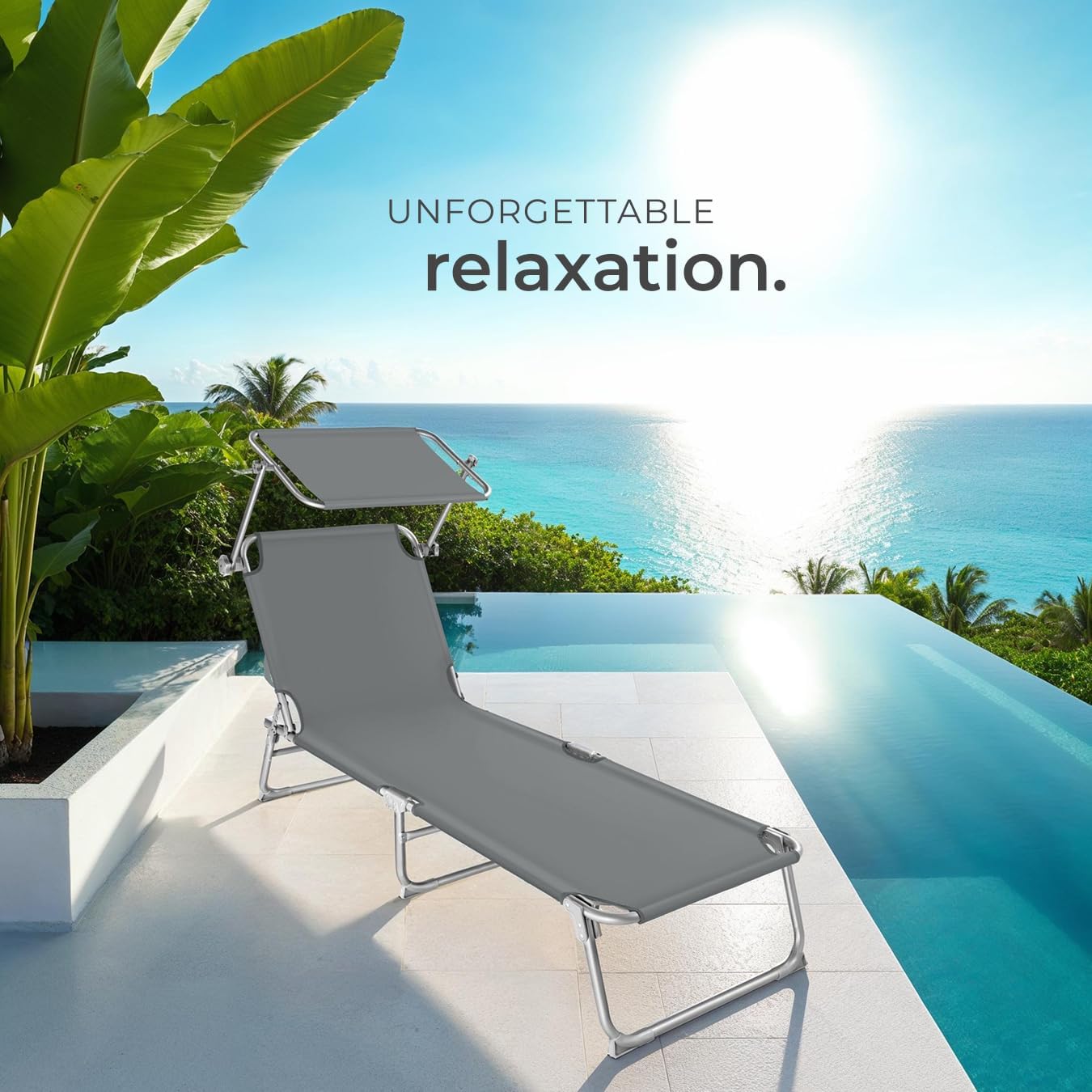 Folding Sun Lounger with Canopy Adjustable Backrest Grey