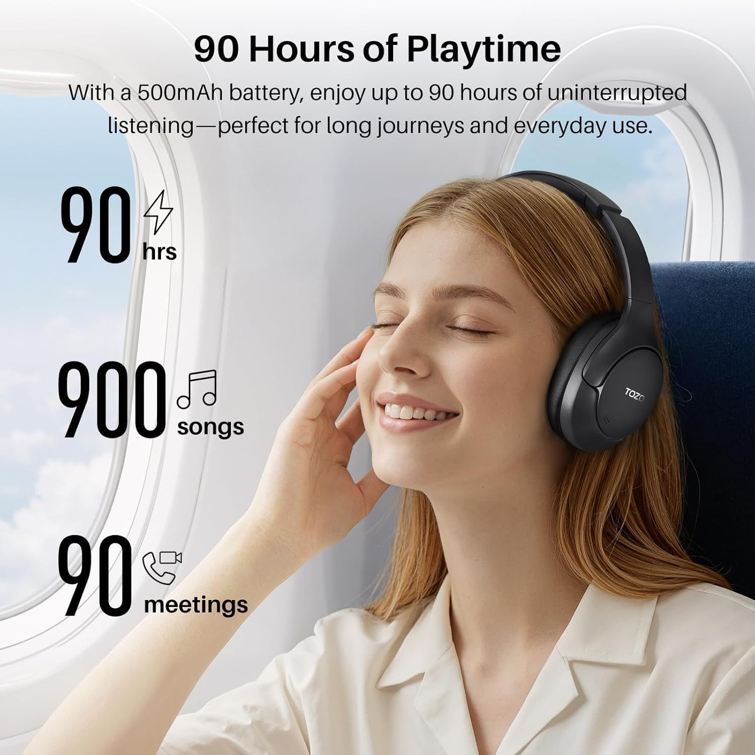 Bluetooth Noise Cancelling Headphones 90H Playtime Over Ear Mic