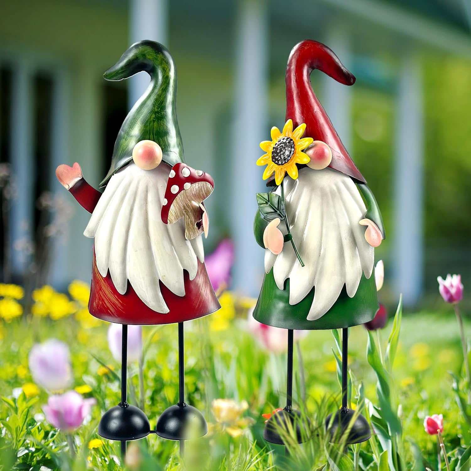 2PCS Metal Garden Gnome Stakes Outdoor Yard Art Lawn Decor 18in