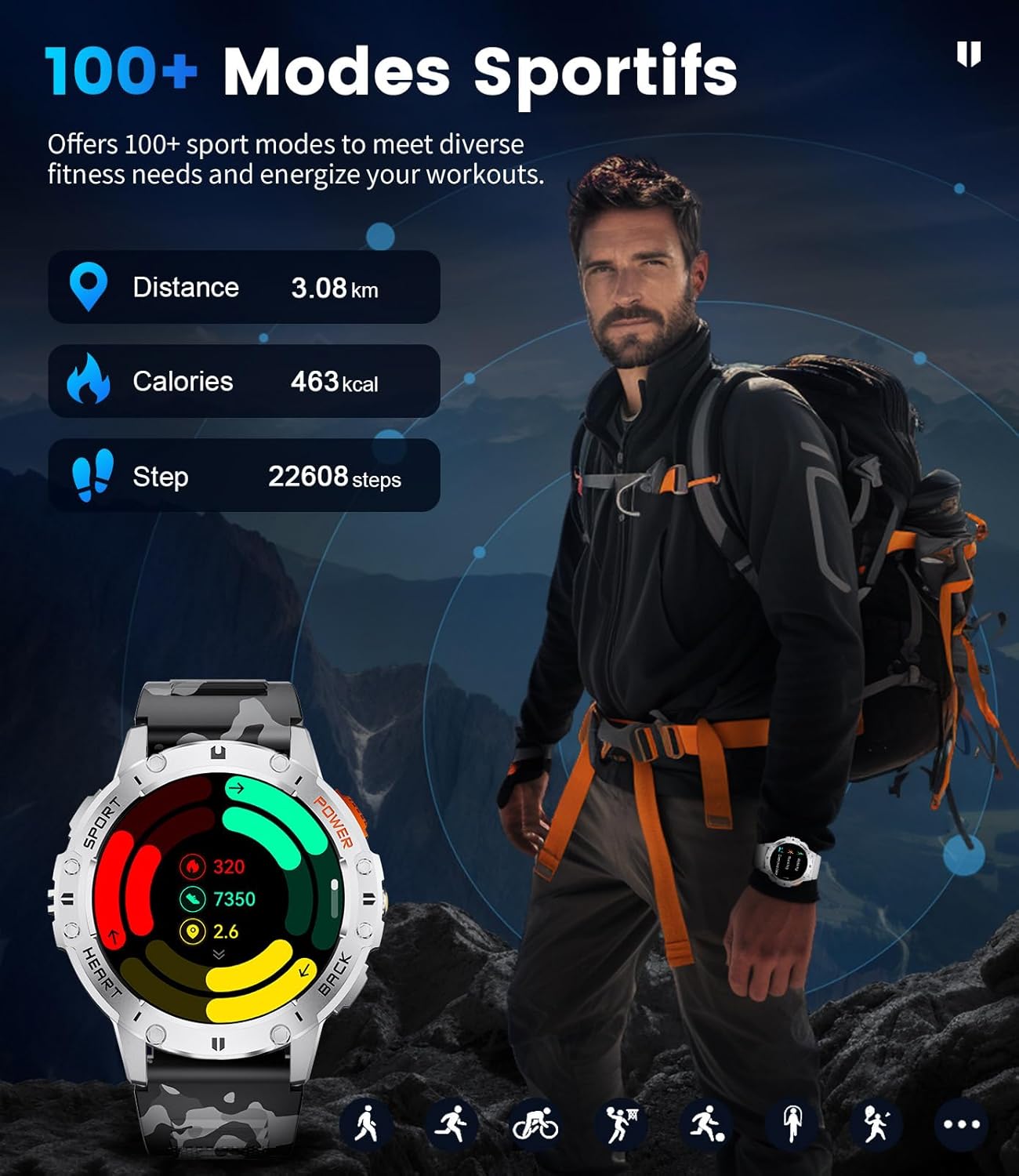 Military AMOLED Smart Watch Bluetooth Call LED Light