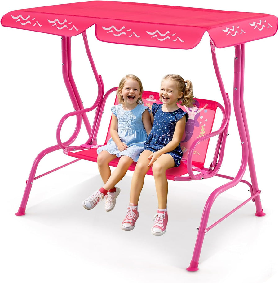 Kids 2 Seat Patio Swing Chair Pink Canopy Safety Belts Indoor Outdoor