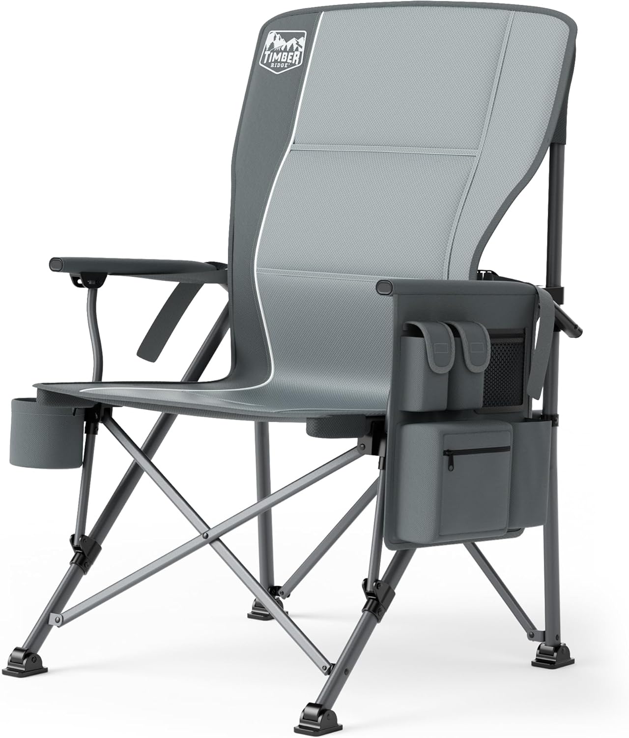 Heavy Duty Camping Chair with Lumbar Support Cooler Pocket Grey