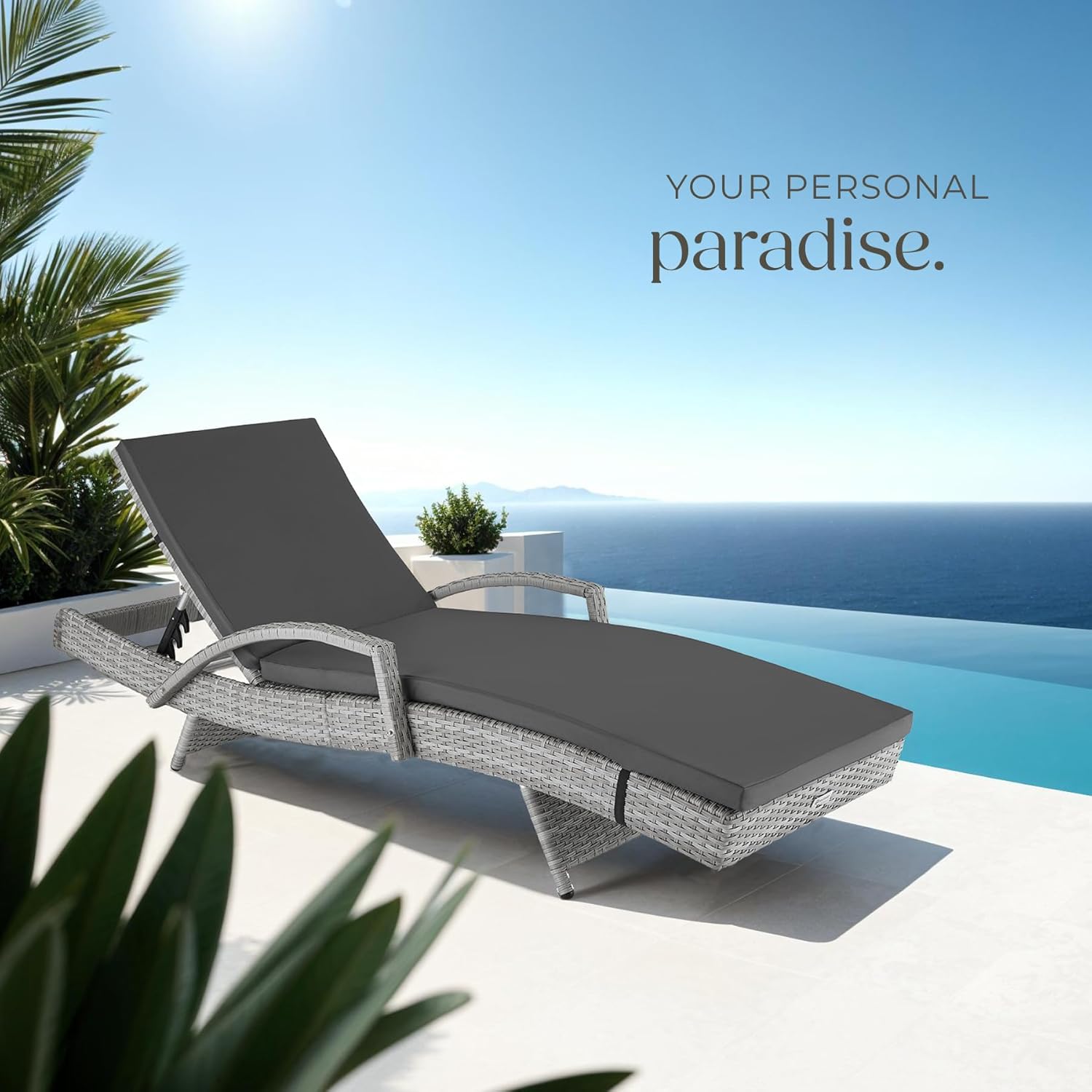 Rattan Sun Lounger 5 Position Recliner Cushion Light Grey