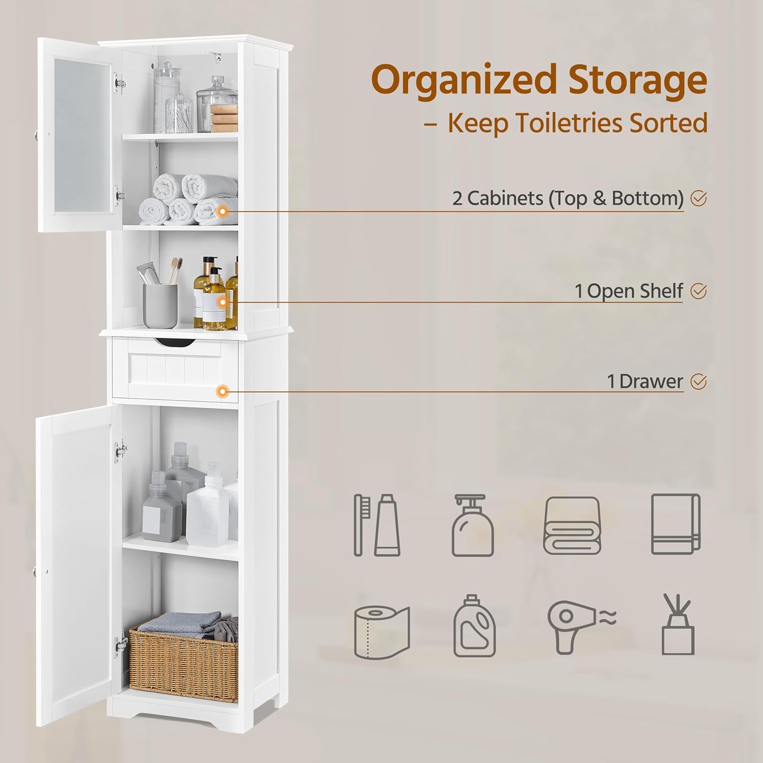 Tall Bathroom Storage Cabinet Glass Door Drawer Shelf
