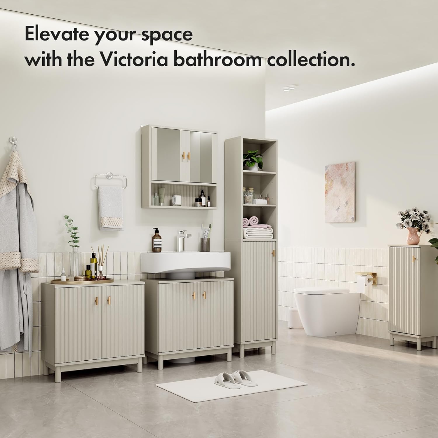Tall Bathroom Cabinet Slim Storage Unit Stone 6 Shelf