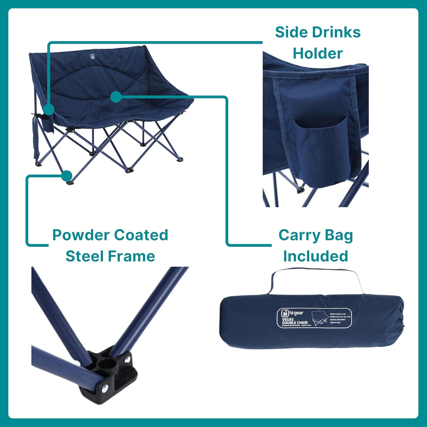 Double Quilted Camping Chair for 2 Folding Blue Seat