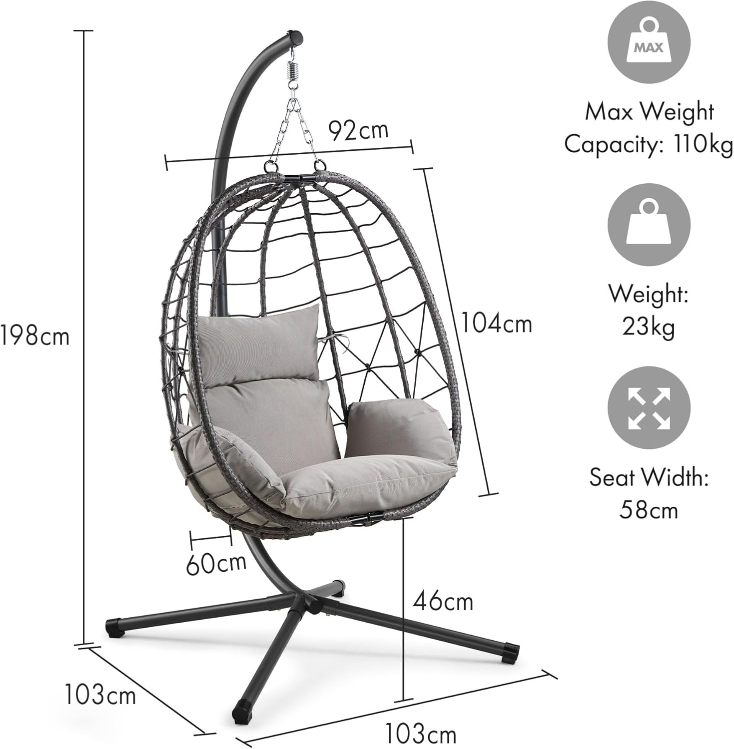 Hanging Egg Chair Grey Rattan Swing Stand Foldable Cushion
