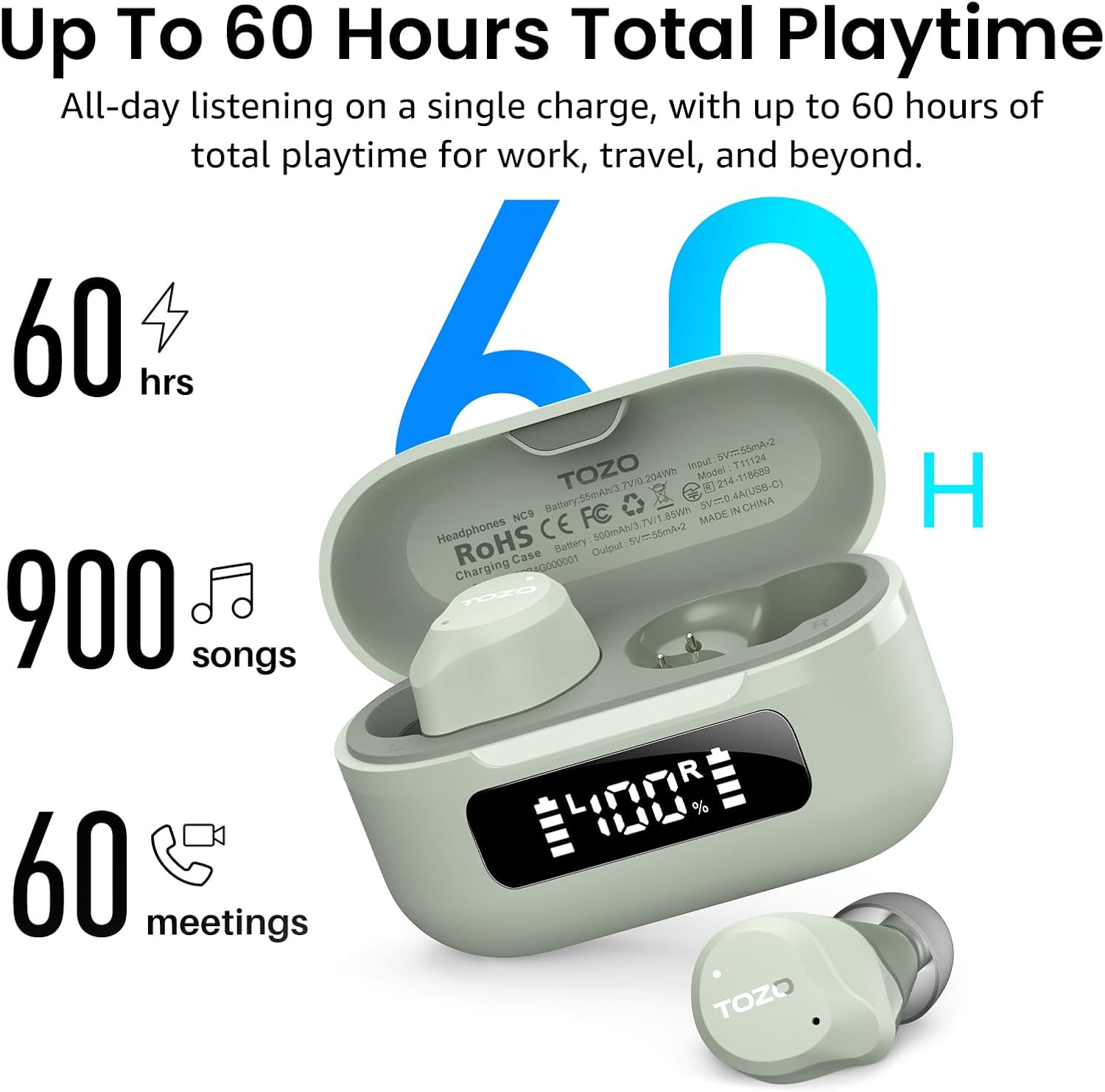 Wireless ANC Bluetooth Earbuds 60 Hour Playtime IPX8