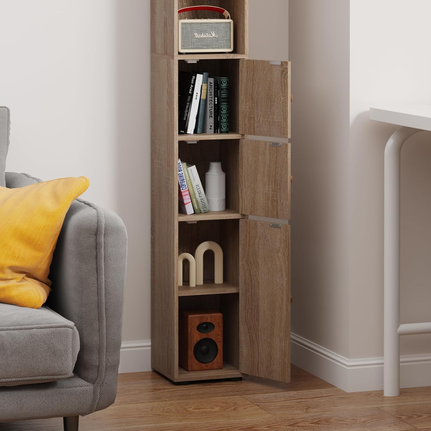 Tall Slim Storage Cabinet Walnut Door Shelves Unit