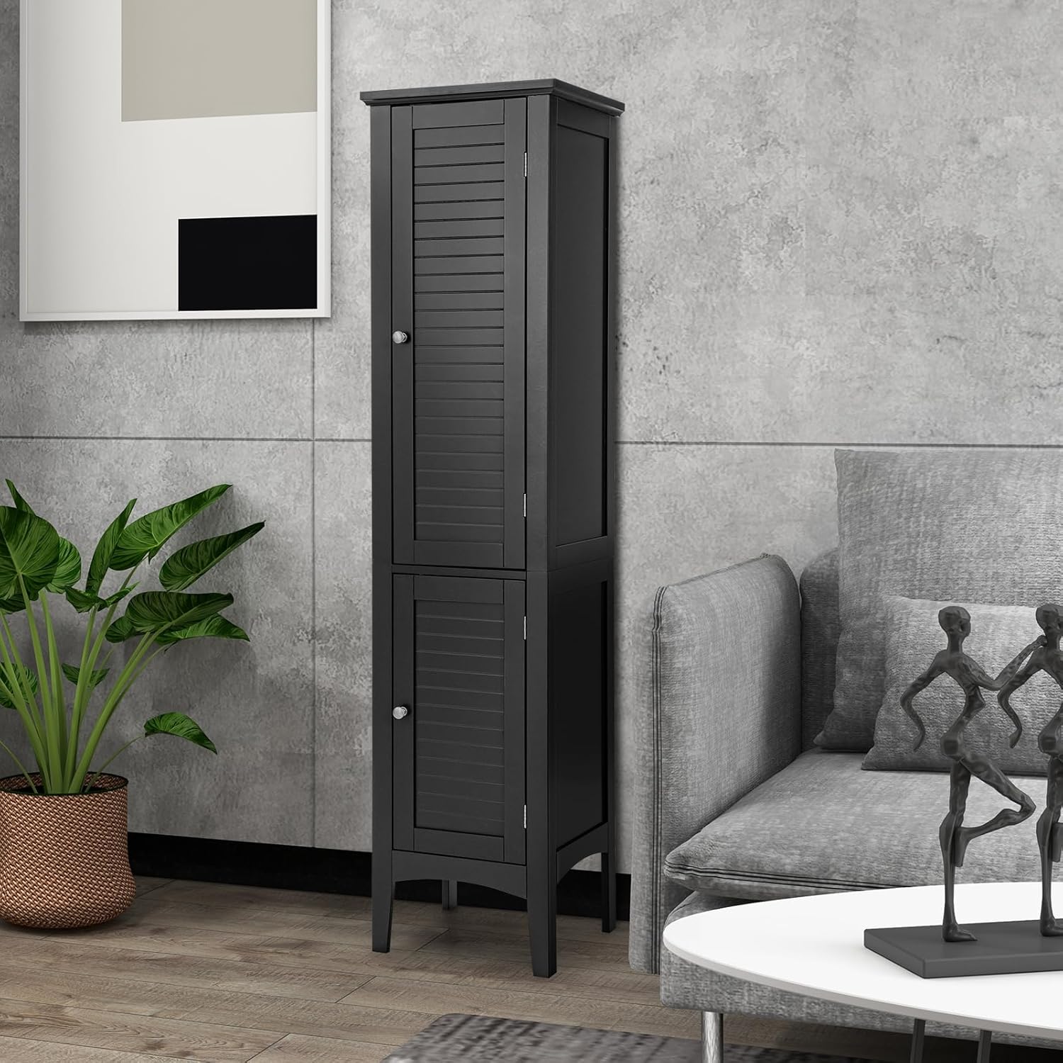 Tall Slim Storage Cabinet Black 5 Tier 2 Door Cupboard