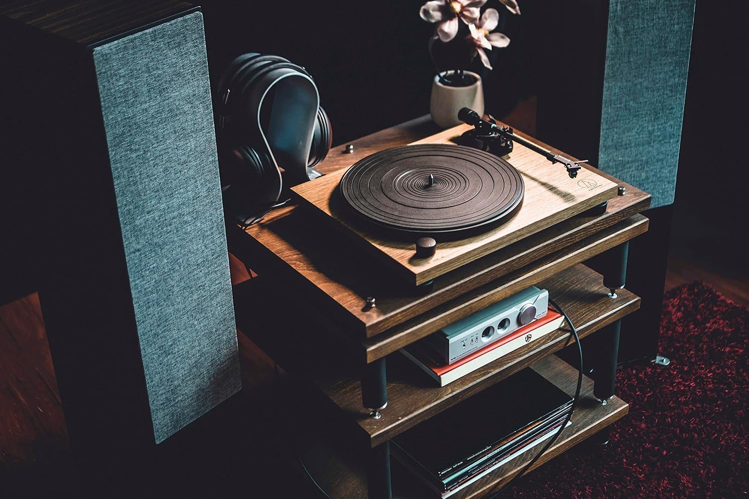 Manual Belt-Drive Turntable Record Player with Die-Cast Platter Walnut