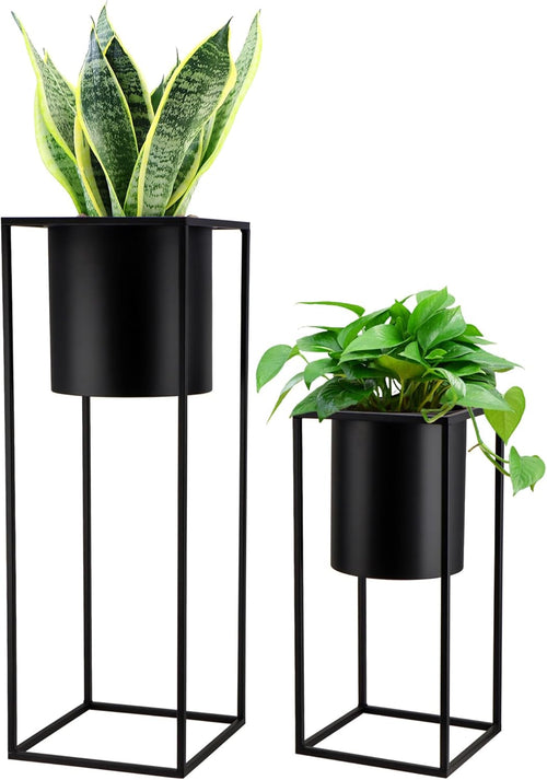 Black Metal Planters with Stand Set of 2 Tall Pots 70cm 45cm