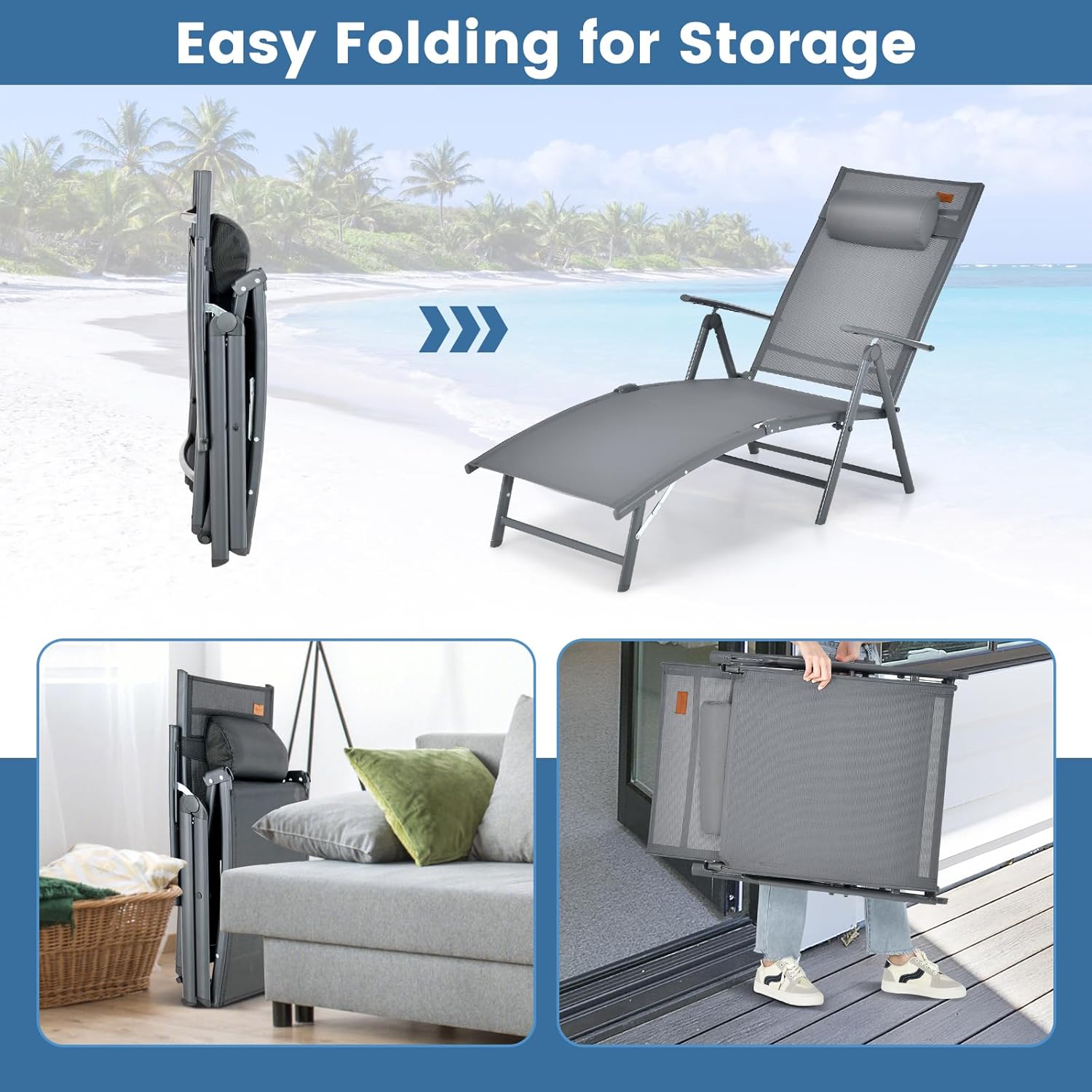 Folding Sun Lounger 7 Position Recliner Grey 150kg