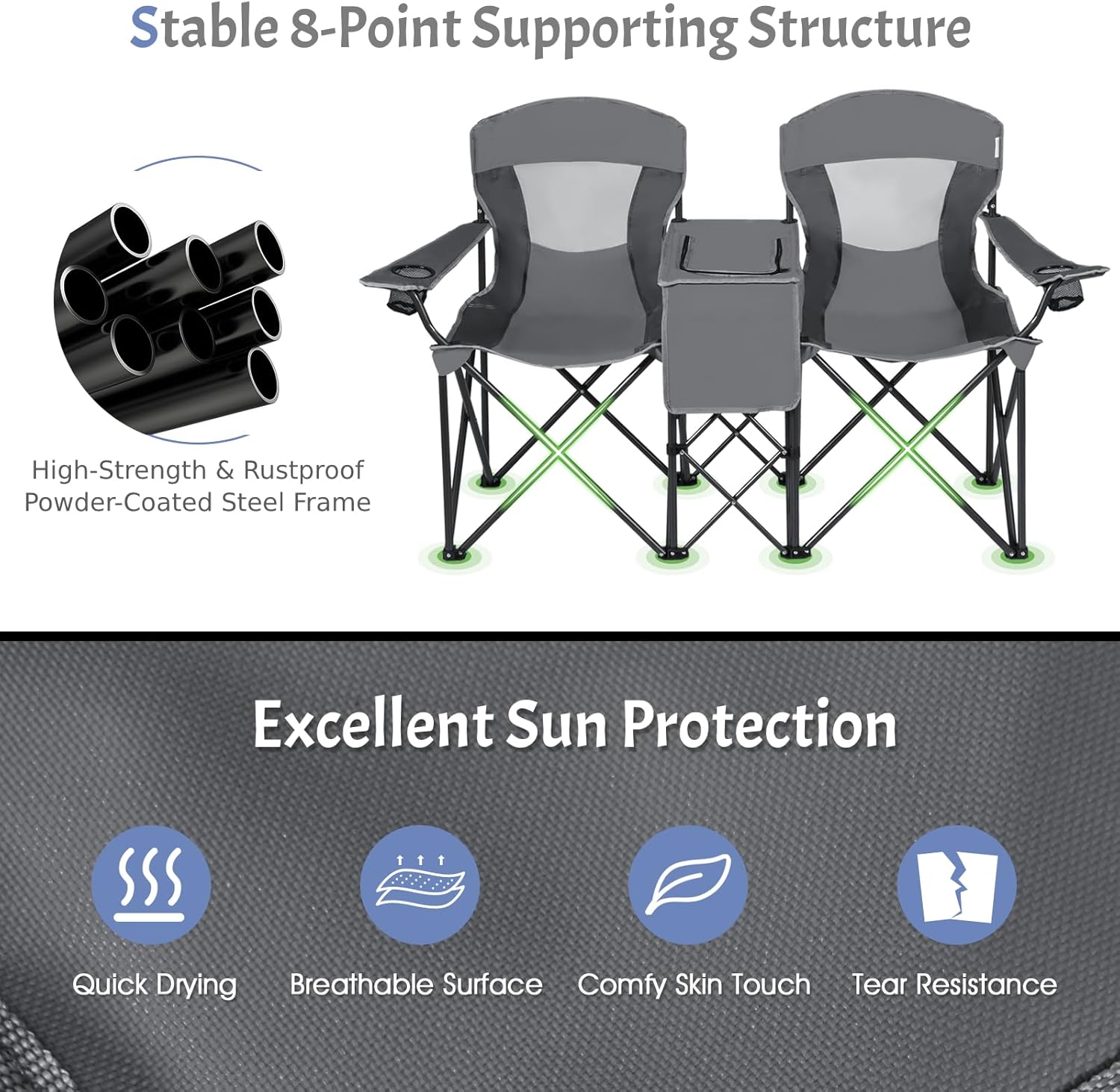 Double Camping Chair with Canopy Cooler Bag Cup Holders Grey