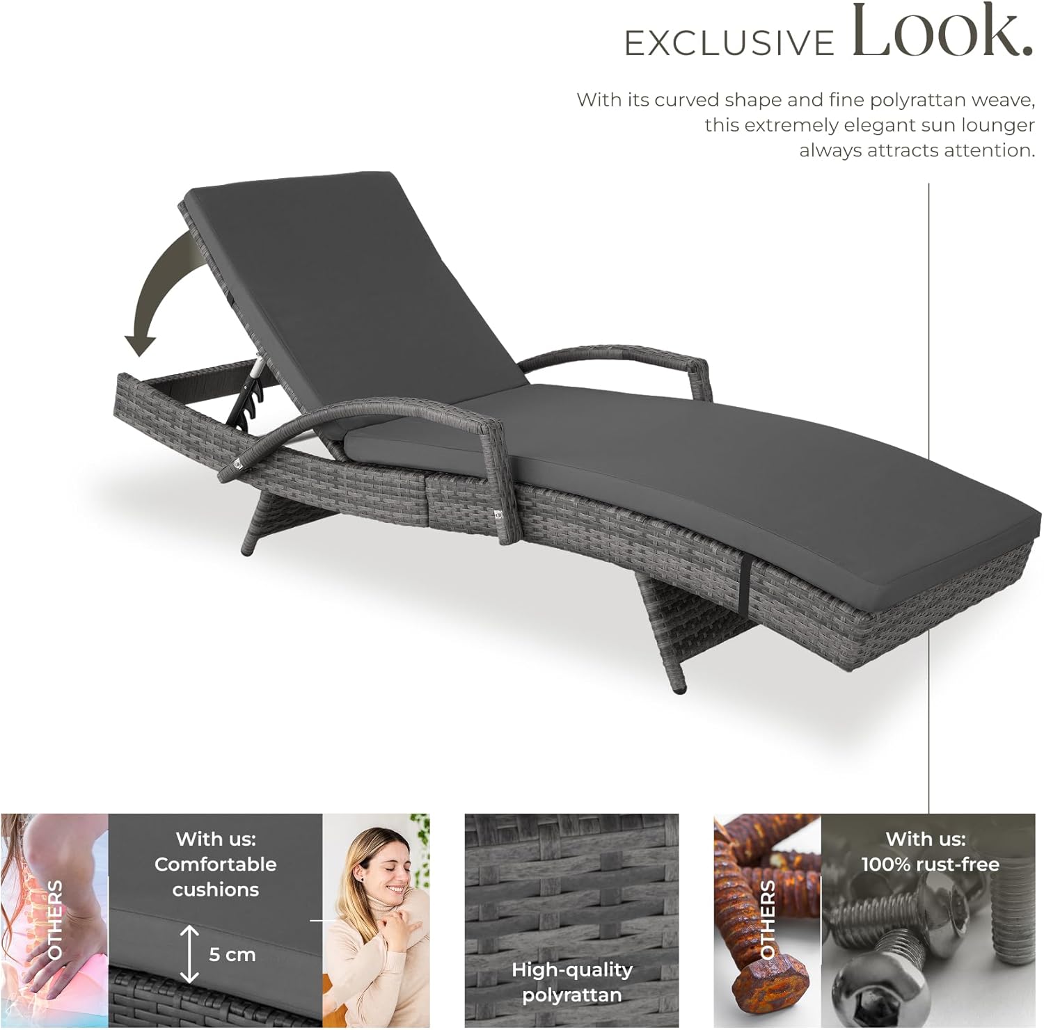 Rattan Sun Lounger 5 Position Recliner Cushion Grey